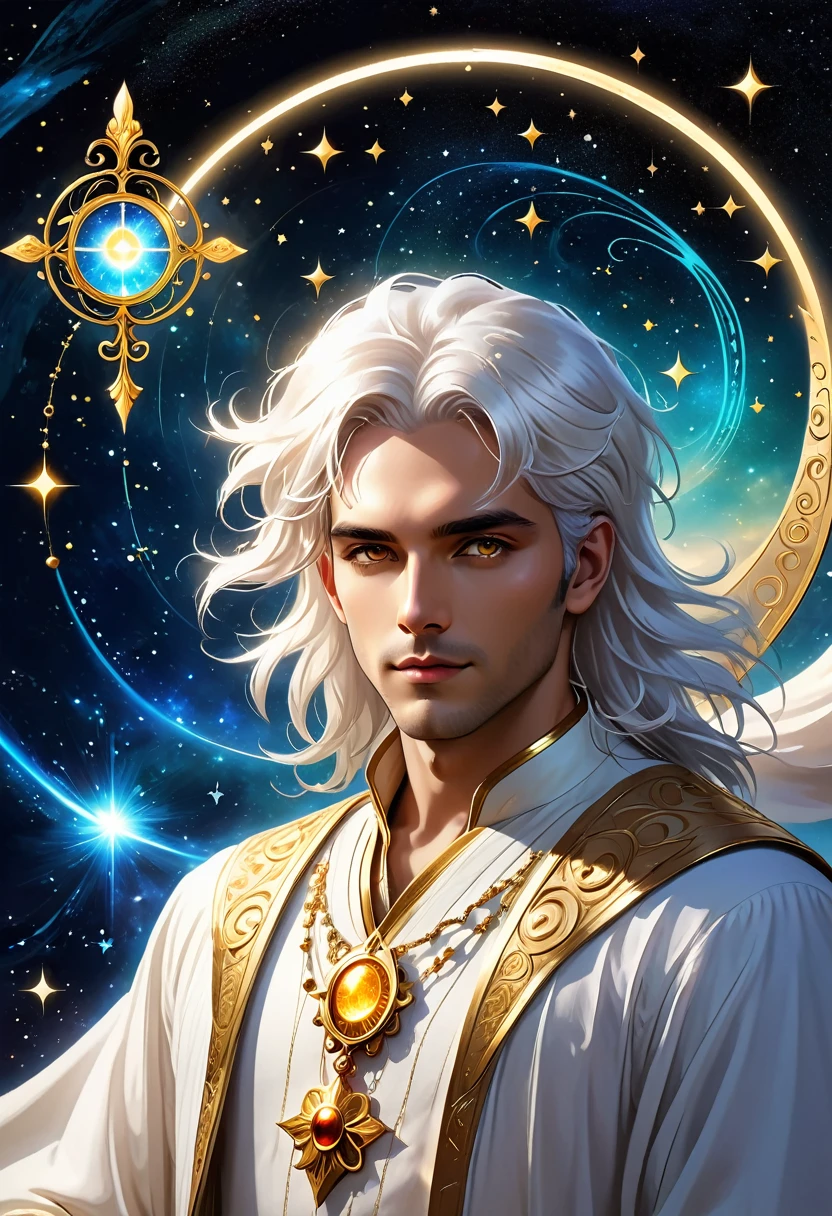 Magician, baron, High target,, White skin, White hair, Golden Eyes, , Deeply carved in love Style-GravityMagic,  Solitary, Upper Body, Looking at the audience, Detailed background, Delicate face, (Bohemian, Bohemian theme:1.1) (Glowing eyes:1.05), Live constellation, Zodiac signs, Horoscope, Peace of mind, calm, Gemini,   symbolic meaning, Astral Energy,  Bright white light, Space Light,  bloom, metaphysics, Implications,  Stardust, Backlight, Universe space background,  Ethereal atmosphere,