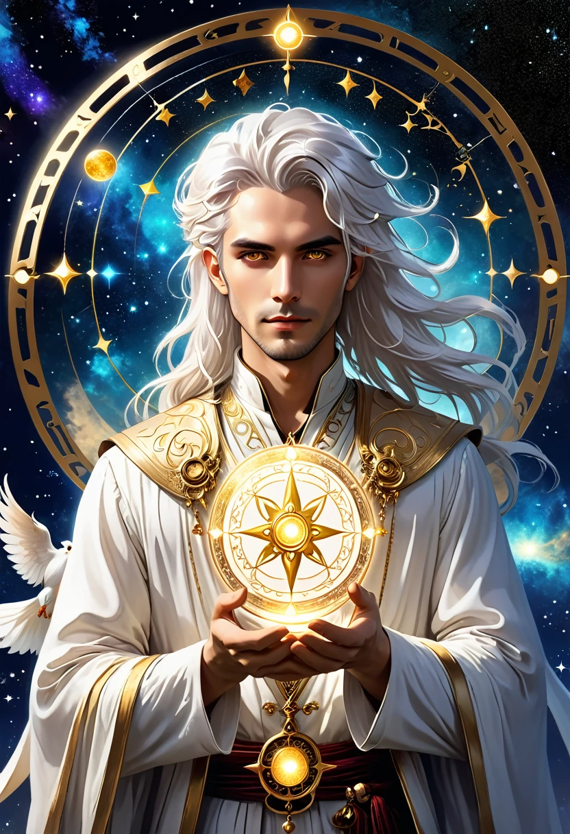 Magician, baron, High target,, White skin, White hair, Golden Eyes, , Deeply carved in love Style-GravityMagic, Solitary, Upper Body, Looking at the audience, Detailed background, Delicate face, (Bohemian, Bohemian theme:1.1) (Glowing eyes:1.05), Live constellation, Zodiac signs, Horoscope, Peace of mind, calm, Gemini, symbolic meaning, Astral Energy, Bright white light, Space Light, bloom, metaphysics, Implications, Stardust, Backlight, Universe space background, Ethereal atmosphere,