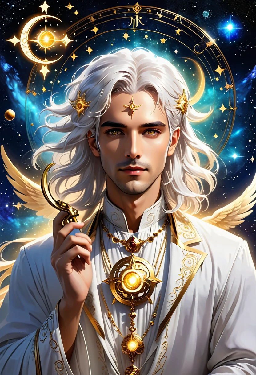 Magician, baron, High target,, White skin, White hair, Golden Eyes, , Deeply carved in love Style-GravityMagic,  Solitary, Upper Body, Looking at the audience, Detailed background, Delicate face, (Bohemian, Bohemian theme:1.1) (Glowing eyes:1.05), Live constellation, Zodiac signs, Horoscope, Peace of mind, calm, Gemini,   symbolic meaning, Astral Energy,  Bright white light, Space Light,  bloom, metaphysics, Implications,  Stardust, Backlight, Universe space background,  Ethereal atmosphere,