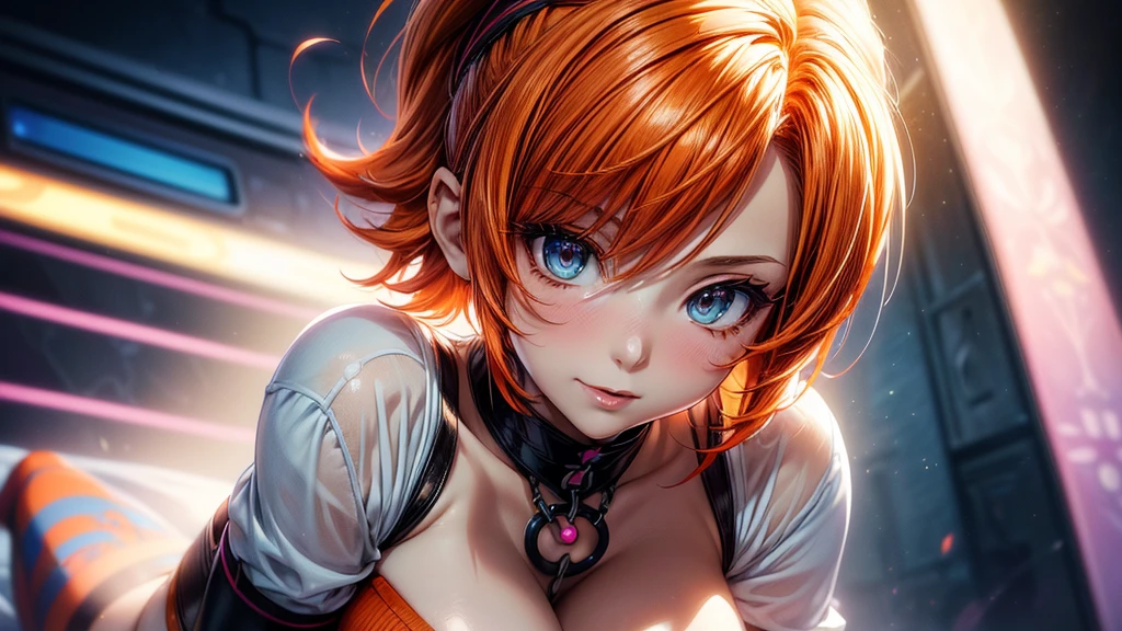 (masterpiece)(8k)(cute)(25-year old woman)(1girl:1.5)(solo:1.8)(crouching on bed:1.3)(from below:1.3)(wild hair:1.3)(short hair:1.3)(bright orange hair:1.6)(flat chest:1.4)(small breasts:1.4)(perky nipples:1.3)(white bandana:1.2)(lime green pupils)(glossy skin)(glossy lips:1.3)(glossy eye-shadow:1.5)(shiny)(choker necklace)(translucent panties:1.5)(cameltoe:1.5)(sweaty:1.5)(knee high socks:1.3)(seductive:1.3)(smile:1.5)(mischievous:1.5)(semen:1.5)(drool:1.4)(steamy) rossdraws pastel vibrant, rossdraws cartoon vibrant, style anime 8k, beautiful portrait, artgerm colorful!!!, ! dream artgerm, beautiful anime girl, styled digital art, art wallpaper 8k, digital art, extremely detailed artgerm,