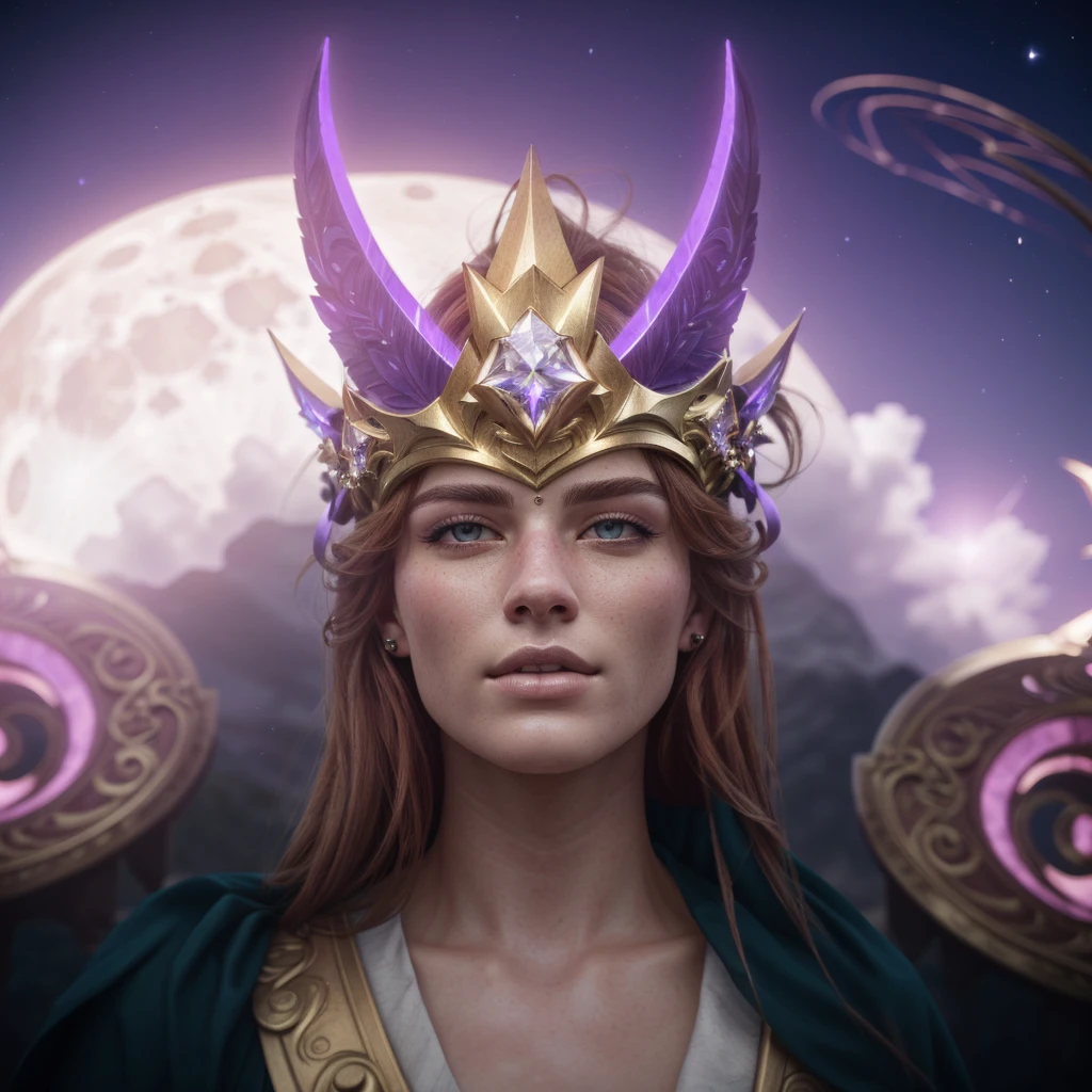 a close up of a man with a crown on his head, god of the moon, red hair, extremely detailed face, male god, handsome, ethereal, divine, celestial, glowing moon in the background, dark night sky, stars, crescent moon, detailed lighting, dramatic chiaroscuro, cinematic, fantasy, digital art, 8k, hyper detailed, masterpiece, photorealistic