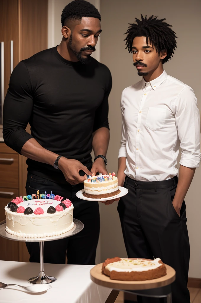 A boy holding a birthday cake and the boy is a tall black man with a thin mustache and his hair back 