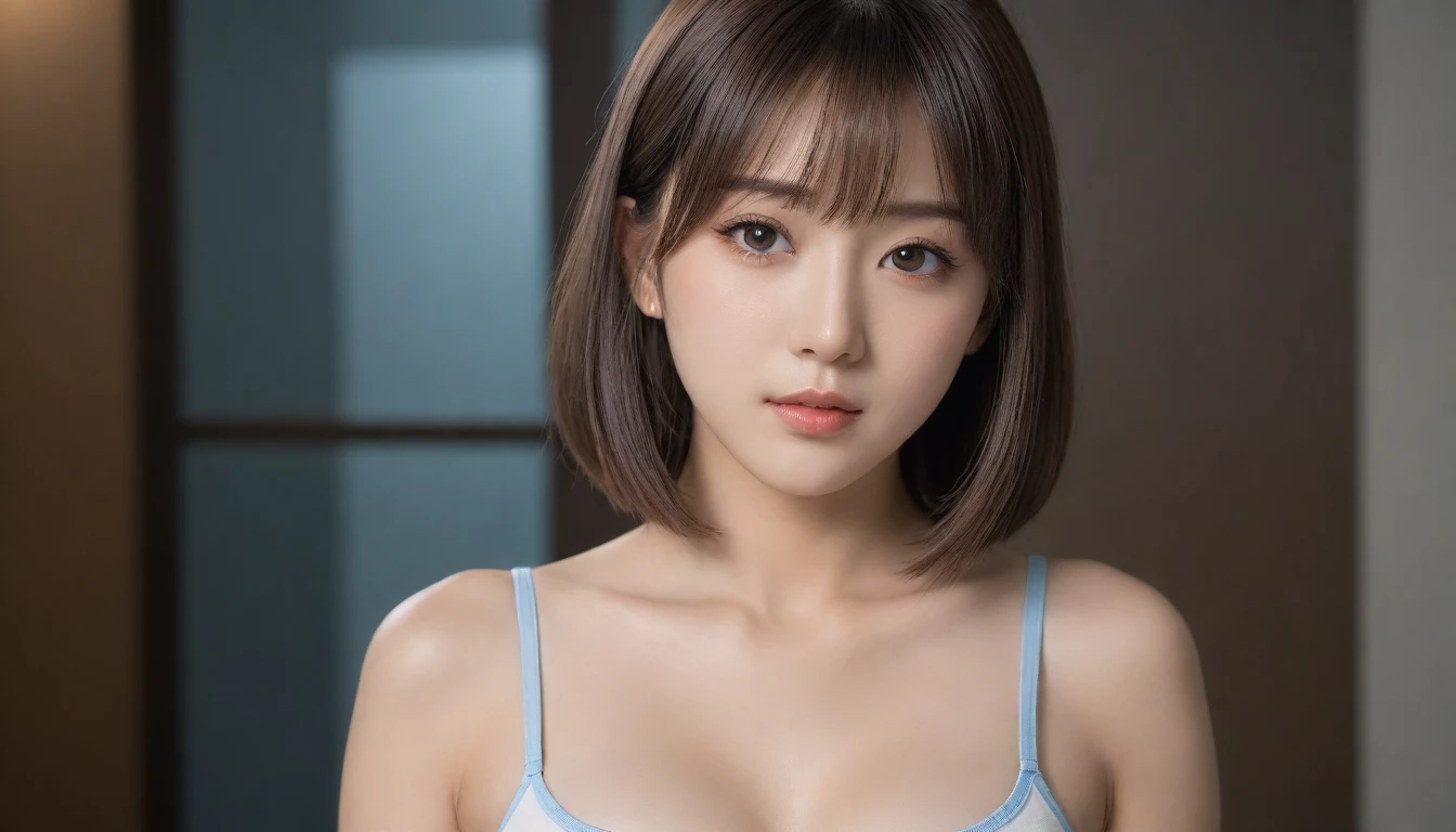 8K, Ultra-high resolution, Highest quality, masterpiece, 三分割法によるphotograph,Surreal, photograph, 1 Girl, (:1.3), pretty girl, Cute face, Beautiful eyes in every detail, 細かくdetailedに,masterpiece,One Girl:1.2, Japan Female Announcer, close up,Bob with bangs,wiping tears,Sports Bra,Bra Top,Looking at the audience、beauty,Long neck、(((Ideal body type))),A cup small breasts :2,、Portraiture:2、Perfect Anatomy、鮮明なdetailed、detailed、Surreal、Light and shadow,Strong light