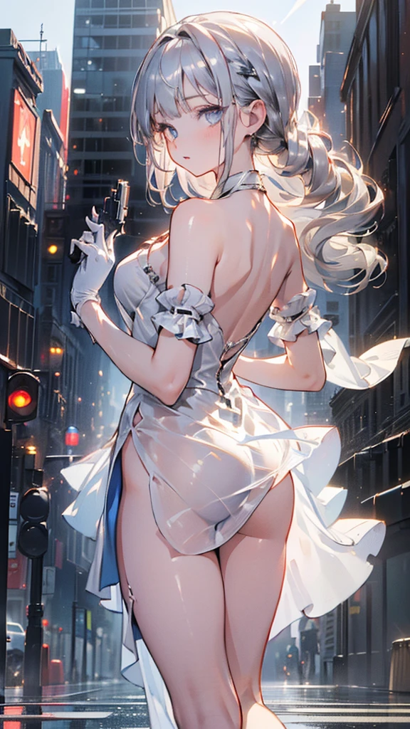 (masterpiece:1.5),ultra-detailed, 8K, High resolution, best quality, (depth of field:1.4), (parfect anatomy:1.2), (1girl), (solo), (from diagonal front), looking at viewer, (full body), (delicate beauty and cute girl), (16years_old girl), (silver hair), (extreme long hair), (blue eyes), (fine detailed eyes), 
(small bast), (bangs), (french braid), (slender), parted lips,collarbone, creavege, navel, 
(white swimsuit), (gloss swimsuit), (onepiece swimsuit:1.5),(sheer_fashion:1.6), outdoor, horizont, sea background, at beach, (magic hour:1.2), solar, ripple, (partially submerged), (sitting on the edge of the water), (wariza:1.5), (lens flare:1.2), (front light), (back light),
(beautiful reflection:1.3),
(Prismatic light:1.2),
(sparkling light:1.4),
(beautiful light:1.2),
(fantastical light:1.3),
(prismatic reflection:1.4),
(soft reflection:0.8),
(natural reflection:1.2),
(sense of depth:1.4),