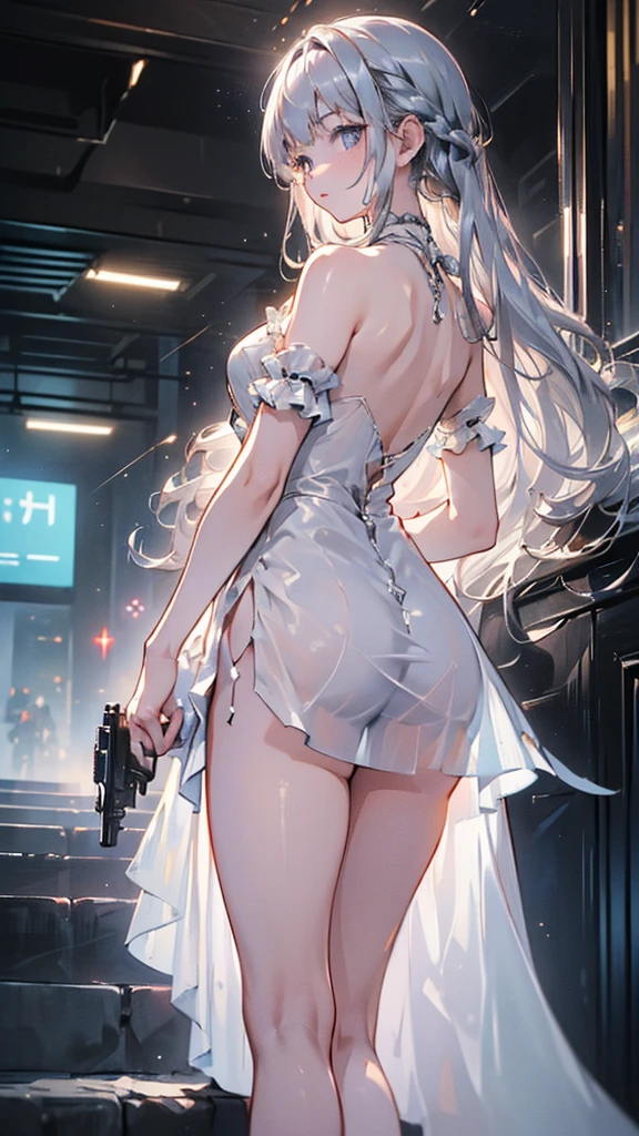 (masterpiece:1.5),ultra-detailed, 8K, High resolution, best quality, (depth of field:1.4), (parfect anatomy:1.2), (1girl), (solo), (from diagonal front), looking at viewer, (full body), (delicate beauty and cute girl), (16years_old girl), (silver hair), (extreme long hair), (blue eyes), (fine detailed eyes), 
(small bast), (bangs), (french braid), (slender), parted lips,collarbone, creavege, navel, 
(white swimsuit), (gloss swimsuit), (onepiece swimsuit:1.5),(sheer_fashion:1.6), outdoor, horizont, sea background, at beach, (magic hour:1.2), solar, ripple, (partially submerged), (sitting on the edge of the water), (wariza:1.5), (lens flare:1.2), (front light), (back light),
(beautiful reflection:1.3),
(Prismatic light:1.2),
(sparkling light:1.4),
(beautiful light:1.2),
(fantastical light:1.3),
(prismatic reflection:1.4),
(soft reflection:0.8),
(natural reflection:1.2),
(sense of depth:1.4),