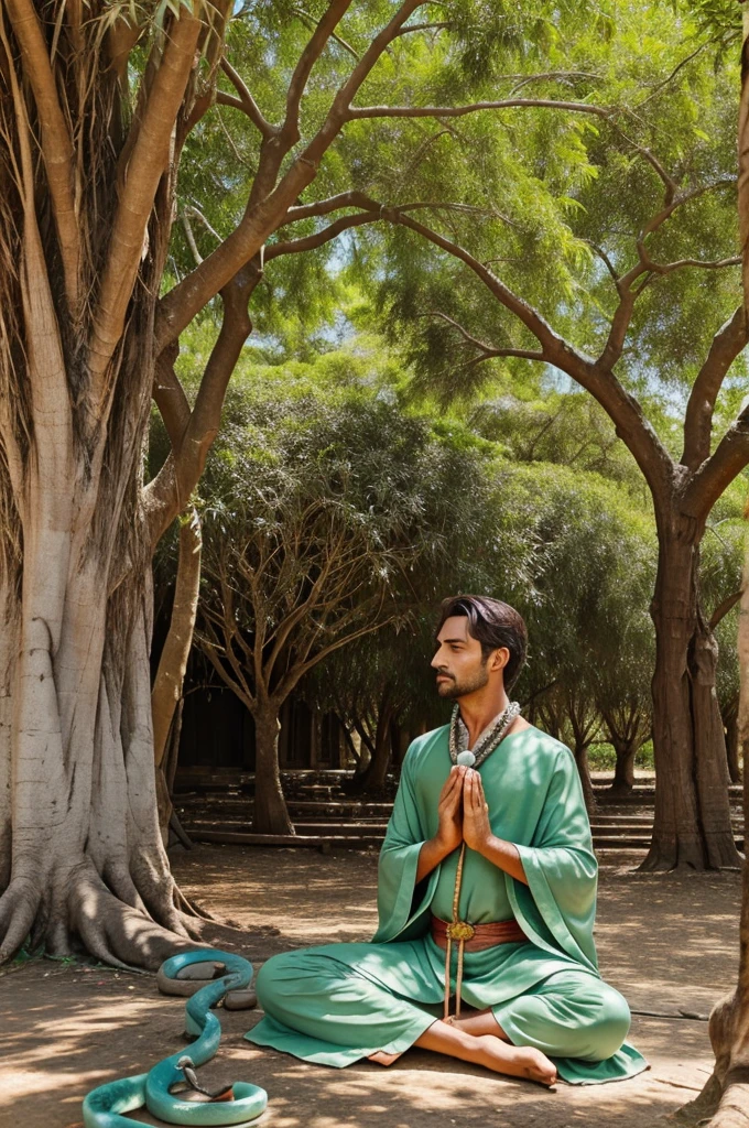 Generate an image of a sage under a banyan tree with full of nature and birds ,sage having a snake wrapped on his neck he is with pleasent feel of meditation 