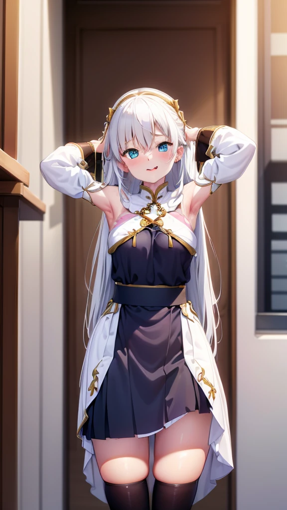 nsfw,Full Body、Female、Standing、Flip up the skirt、Show your underwear、(Stretching out the tongue)、Drooling,(Five fingertips:1.2),(Twin arms),(Twin legs),highest quality, 4K, (High resolution:1.3) masterpiece, 1.2, Super detailed, HDR, Studio Lighting, Sharp Focus, Bright colors, Portrait, Warm tones, Soft Lighting,white hair、long hair、blue eyes、