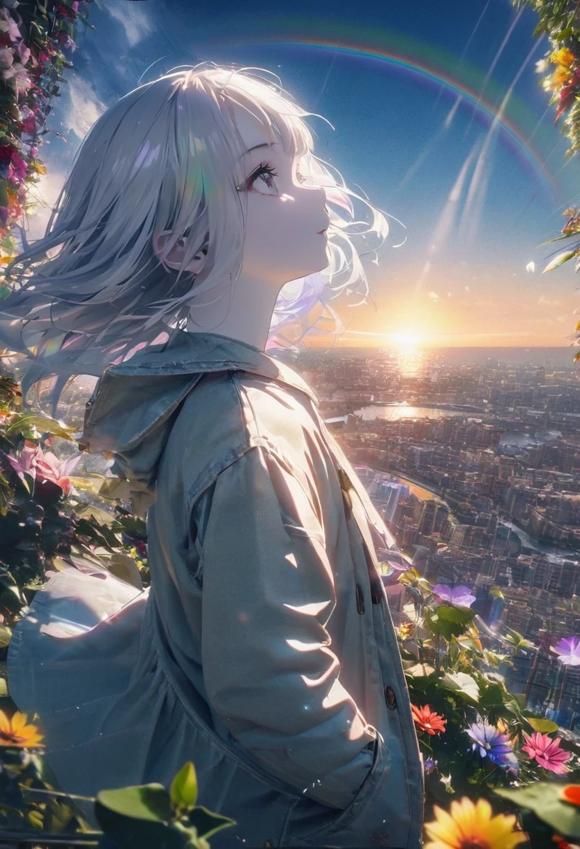 Angelic, detailed woman, sunrise, rainbow, After the Rain, horizon, In the sky, city , Lens flare, colorful,coat, Put your hands in your pockets,(student, 18-year-old, ＪＫ, Her short silver hair sways, Pale skin,) Look up at the sky, Beautiful sky, The scenery is beautiful., 広いLook up at the sky, Colorful summer flowers are blooming everywhere., I see the wind blowing and shining, In the skyは正午の月と正午の星がある,From below, break ,quality(8K,非常に精細なCGユニットのwallpaper, masterpiece,High resolution,top-quality,top-quality real texture skin,Surreal,Increase the resolution,RAW Photos,最高quality,Very detailed,wallpaper,Cinema Lighting,Ray Tracing,Golden Ratio),Have a long-term perspective