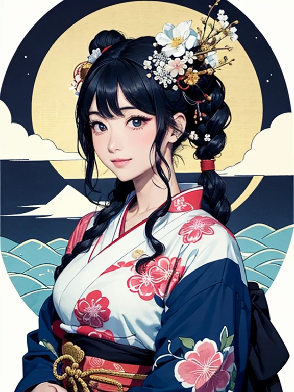 (Highest quality、masterpiece、High resolution、8K)、Ukiyo-e、Vibrant colors、Katsushika Hokusai、1 female、Black hair Japanese topknot、whole body、The kimono has a vivid floral pattern on a white background.、Official Art、背景はUkiyo-e風、White waves and Mt. Fuji、Flowers and Moon、White waves and the moon