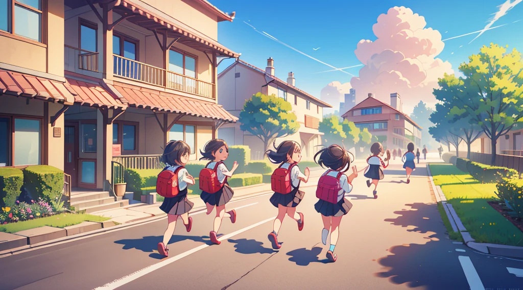 Highest quality, Ultra-high resolution, masterpiece, 8K quality,Children with school bags are running, Laughing happily. There is a building in the background, Flat school building, Warm Spring.
