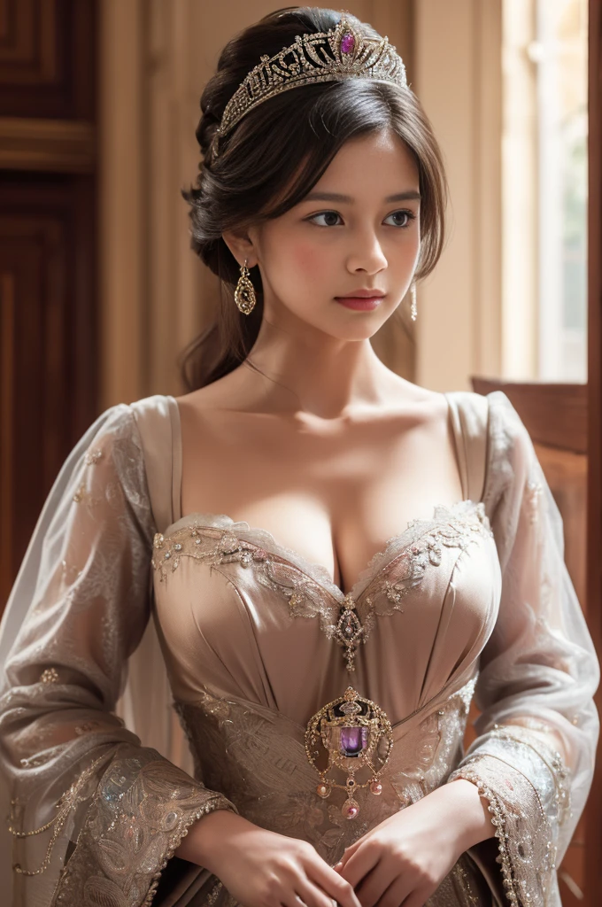 Her Majesty the Queen of England in the 18th Century, A dress with a narrow waist and rich embellishments, Perfect breast shape, masterpiece, Highest quality, Intricate details, Sharp focus, ((alone:1.4), View your viewers, Ultra-high resolution, (One girl:1.4), Detailed Background, Big tiara, Lots of gems, Cleavage