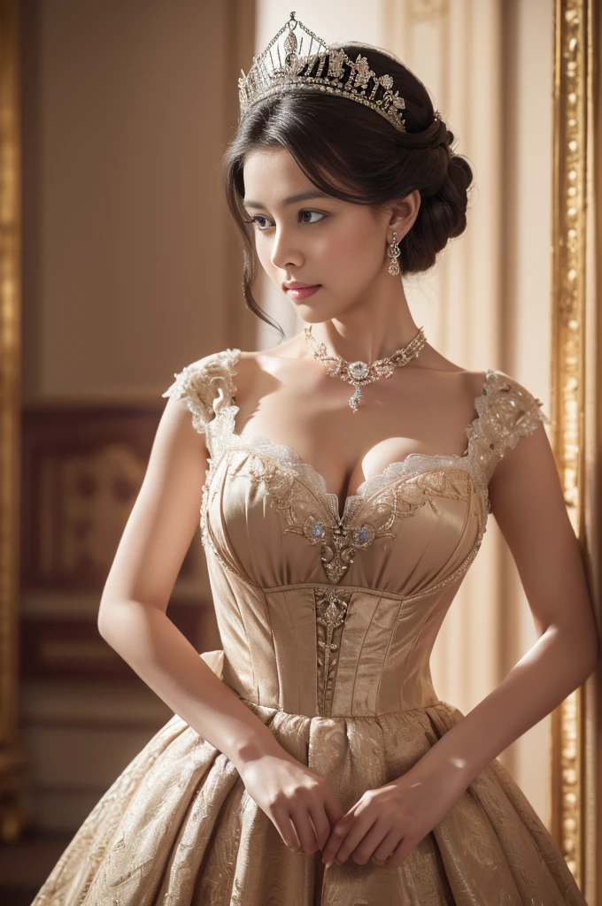 Her Majesty the Queen of England in the 18th Century, A dress with a narrow waist and rich embellishments, Perfect breast shape, masterpiece, Highest quality, Intricate details, Sharp focus, ((alone:1.4), View your viewers, Ultra-high resolution, (One girl:1.4), Detailed Background, Big tiara, Lots of gems, Cleavage