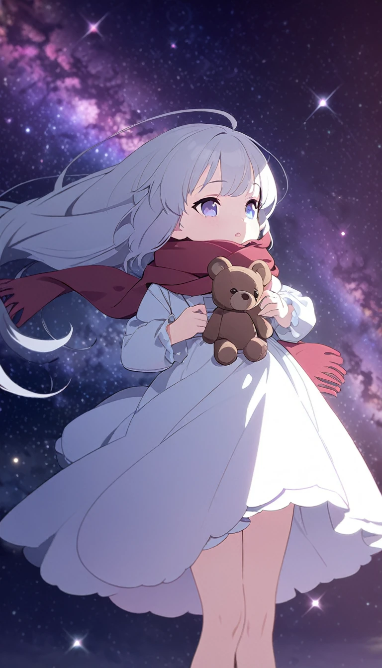 (((masterpiece))), (((best quality))),(((high detail))),light manipulation, girl with long silver hair, gradient purple to sky blue eyes, wearing a white dress, a red scarf, ((())), (((child))) , galaxy background, holding a teddy bear, feet, no footwear