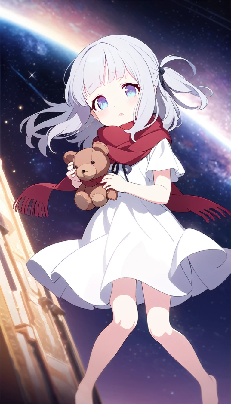 (((masterpiece))), (((best quality))),(((high detail))),light manipulation, girl with long silver hair, gradient purple to sky blue eyes, wearing a white dress, a red scarf, ((())), (((child))) , galaxy background, holding a teddy bear, feet, no footwear