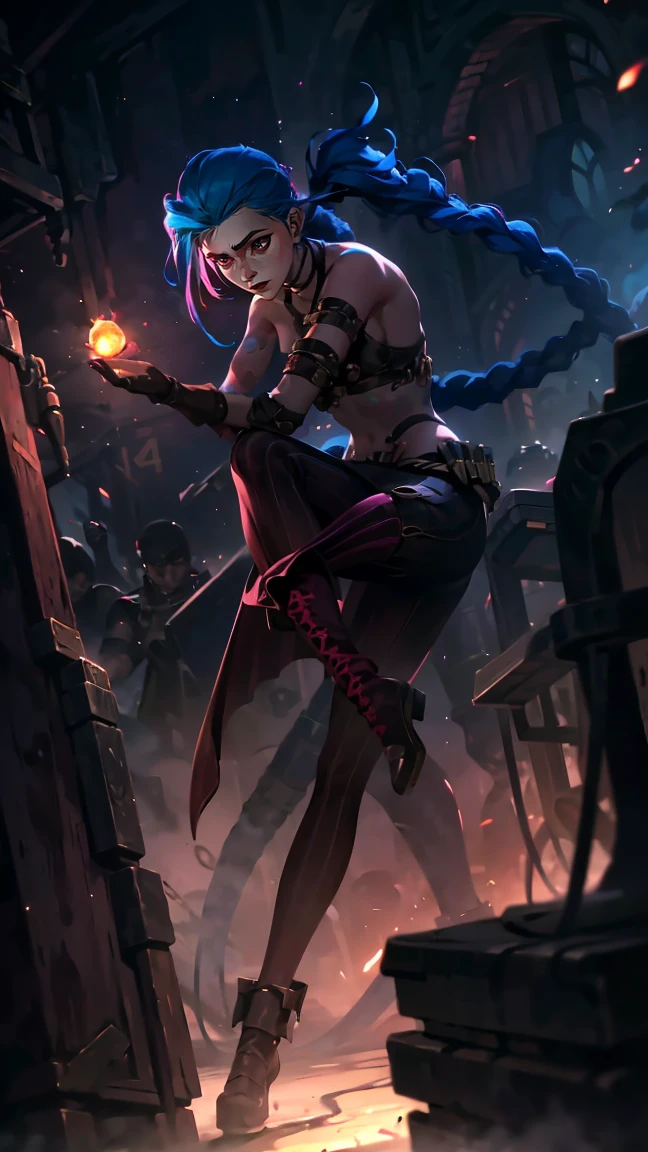(masterpiece, Best quality), 1 girl, portrait, very y, crazy look, smile, crying, pink tears, tears on the cheeks, tears from eyes, full length (full body 1.1.), очень feminine, fighting stance, battle, fire, explosions, burning city, Beautiful waist, gloomy composition, flame, fire, Flash, very beautiful, feminine, long hair, hair braided in long braids, very sextight leather pants, emphasis on the eyes, emphasis on the face, Beautiful face, Hands, Hair, Haired ponytail, red purple eyes, Джинкс crying, Blue cloud tattoo, (masterpiece, Best quality), Side lighting, beautiful detailed eyes, crazy face), (Best quality), (masterpiece), magic photography, Spectacular lighting, Photorealism, ultra detailed, интимная portraitная композиция, 1. 4,8 k UHD, aesthetic, Cd., A high resolution, 8 k, better lighting, Best shade, Ultra-HD, A high resolution, sharp focus, Complex background, Cinematic lighting, ((Landscape view)), 4K block, (better lighting), ((Cinematic lighting)),