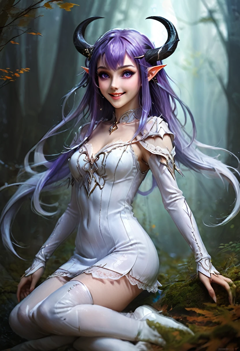 masterpiece, Highest quality, Very detailed, High resolution, An expensive solution, High resolution, masterpiece, depth, Fine texture, Highest quality, Total concentration, (very pretty anime Elf Girl), (Beautiful Gothic Elf Woman, Young Elves, Elf Girl, pretty girl, Young girl),Has horns on its headがある, sit、Grin, smile, (A chic dress with beautiful details, Fluffy long sleeves, ), Purple eyes, Long eyelashes, Low angle shot、eyeliner, Tight waist, ( Purple Hair), (Light Hair, Long Hair), bangs, Gradient Hair), Shiny Hair,  Forest as a background, Fantasy art, High quality detailed art, A fusion of realism and colorful fantasy, Gothic art style, Fantasy art style, a beautiful fantasy Young Elves, CGI anime Fantasy artwork, charm,  Seductive posture, Vibrant colors, 自信に満ちたsmile, gentle smile, Beautiful attention to detail, Beautiful lip detail, Very detailed目と顔, Long eyelashes, Vibrant colors, Professional, Very detailedな, Intricate details, Volumetric lighting, Lens flare, particle,(White and platinum color scheme), mysterious, mysteriousな.Has horns on its head