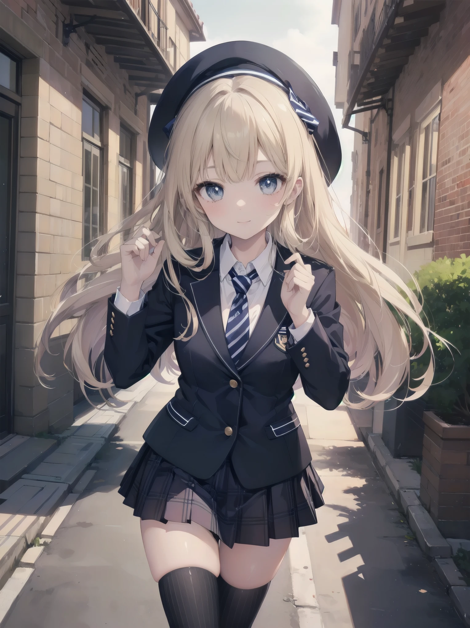(masterpiece: 1.2)、(Highest quality: 1.2)、Highest resolution、Very detailed。 break。 ((Anime girl in preppy uniform))、Transparent Girl、(1、Confident、17 years old: 1.3)、Charismatic smile、Calm posture、Wavy hair down to the shoulders、Bright Eyes、Slim figure、(Highest quality: 1.2)、Very high resolution、Very detailed。Expressive eyes、Beautifully detailed lips、High resolution detailed hair、Perfect Face、Clear Skin、Manicured hands、Perfect lighting。 break。 ((Preppy uniform with school crest))、((Navy blazer、White shirt、Striped tie、Checkered Skirt: 1.3))、Knee-high socks、Oxford Shoes。 break。 (School courtyard)、Grand entrance、Clock tower、Students in the background、(Framing a Cowboy Shot: 1.2)。 break。 ((positive: 1.3))。 break。Digital Animation Art、Preppy anime style illustration