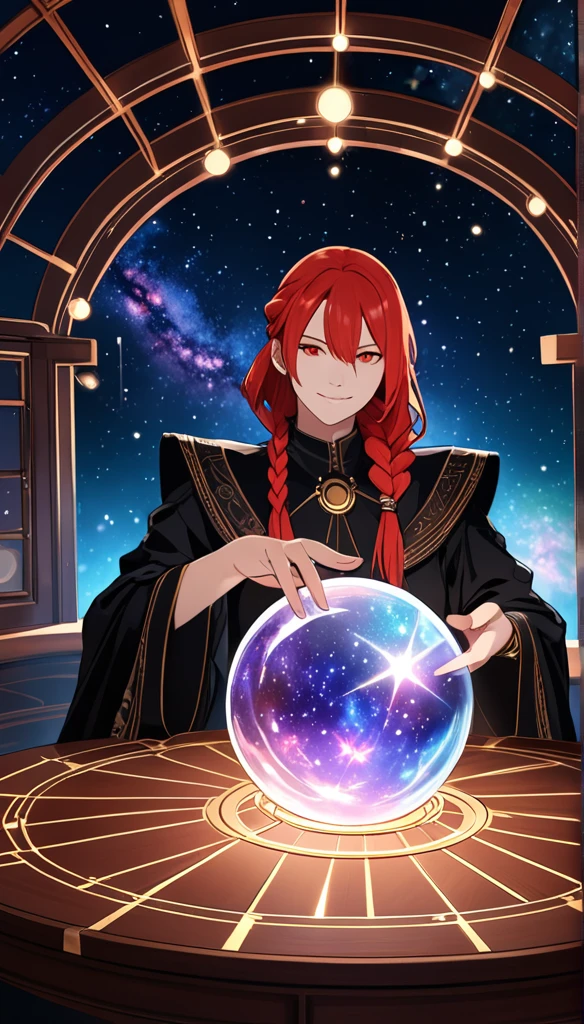 in style of Georg Jensen, Halo,1 girl,Astrologer, Makima（Chainsaw Man）, red long hair, Black magic suit, Magic Shirt, Magic tie, Red pupil,  (((Low Braided Ponytail))), Mysterious smile, gesture, From the Galaxy, Wooden square table, Claw lifting base, (Crystal ball from the galaxy), black background, Point lights, Mysterious atmosphere, F, Surrealismwide angle,