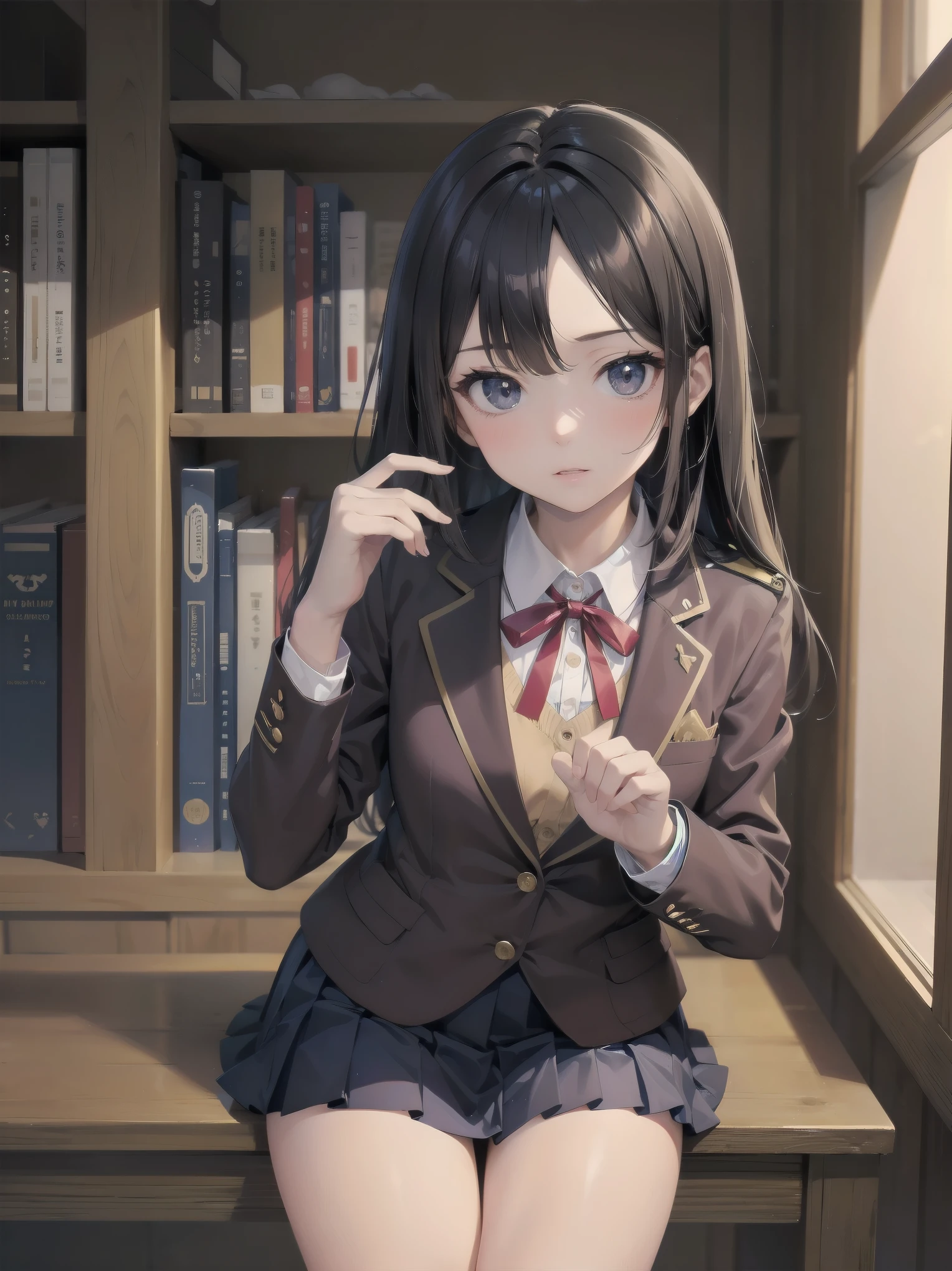 2. ```
(Masterpiece: 1.2), (Best quality: 1.2), Superb resolution, Very detailed. BREAK. ((Anime girl in stylish school uniform)), clear girl, (1, Elegant, 17 years old: 1.3), gentle expression, graceful posture, long straight black hair, almond-shaped eyes, slim figure, (Top quality: 1.2), very high resolution, very detailed. Expressive eyes, beautifully detailed lips, high resolution detailed hair, perfect face, flawless skin, elegant fingers, perfect lighting. BREAK. ((Chic blazer uniform with gold embroidery)), ((Cream blazer, burgundy ribbon, pleated navy skirt: 1.3)), white knee socks, loafers. BREAK. (School library), bookshelves, study tables, globe, warm lighting, (cowboy shot framing: 1.2). BREAK. ((Positive: 1.3)). BREAK. Digital animation art, elegant anime style illustration