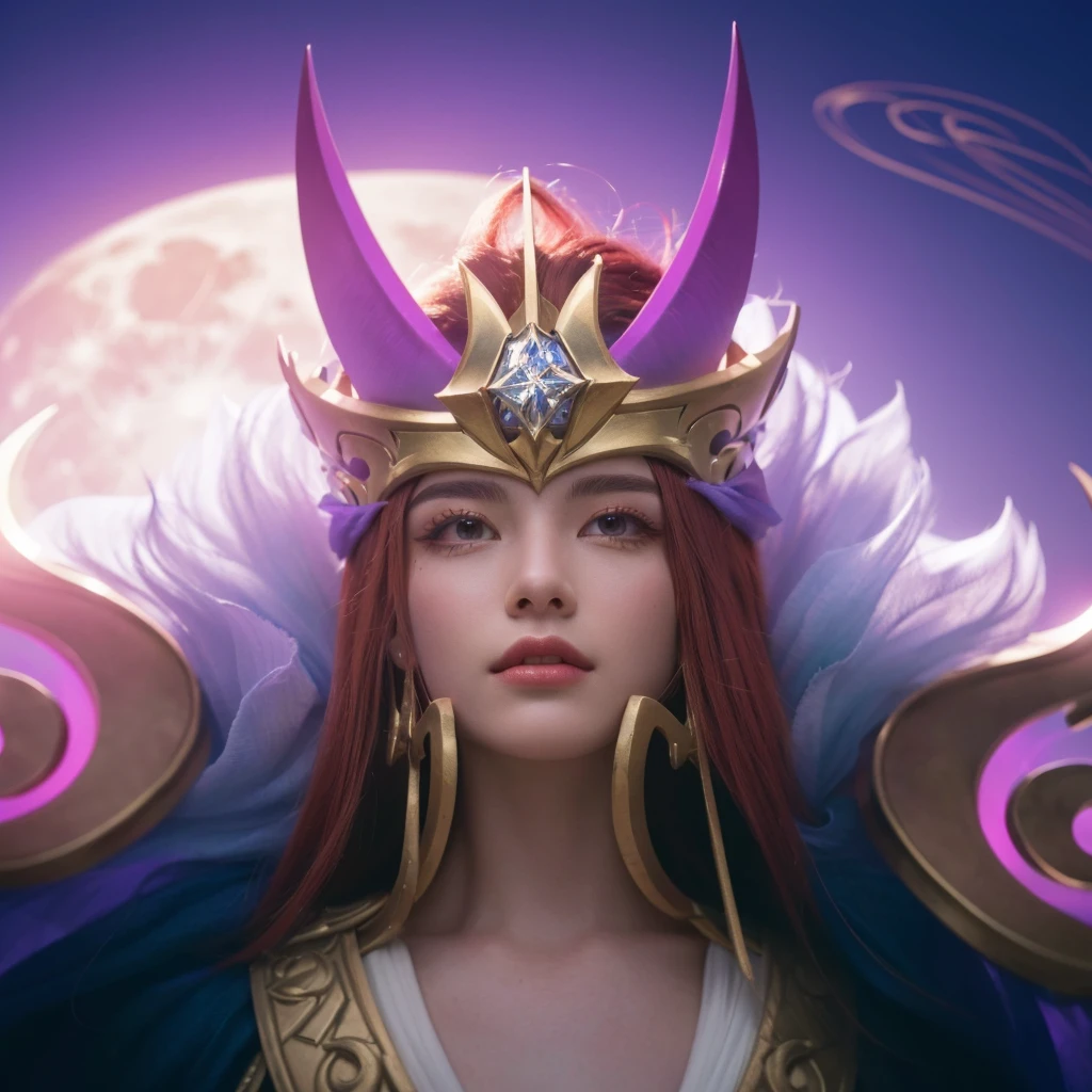 a close up of a man with a crown on his head, god of the moon, red hair, charismatic, power stance, male god, handsome, ethereal, celestial, glowing moon in the background, dark night sky, stars, crescent moon, detailed lighting, dramatic chiaroscuro, cinematic, fantasy, digital art, 8k, hyper detailed, masterpiece, photorealistic