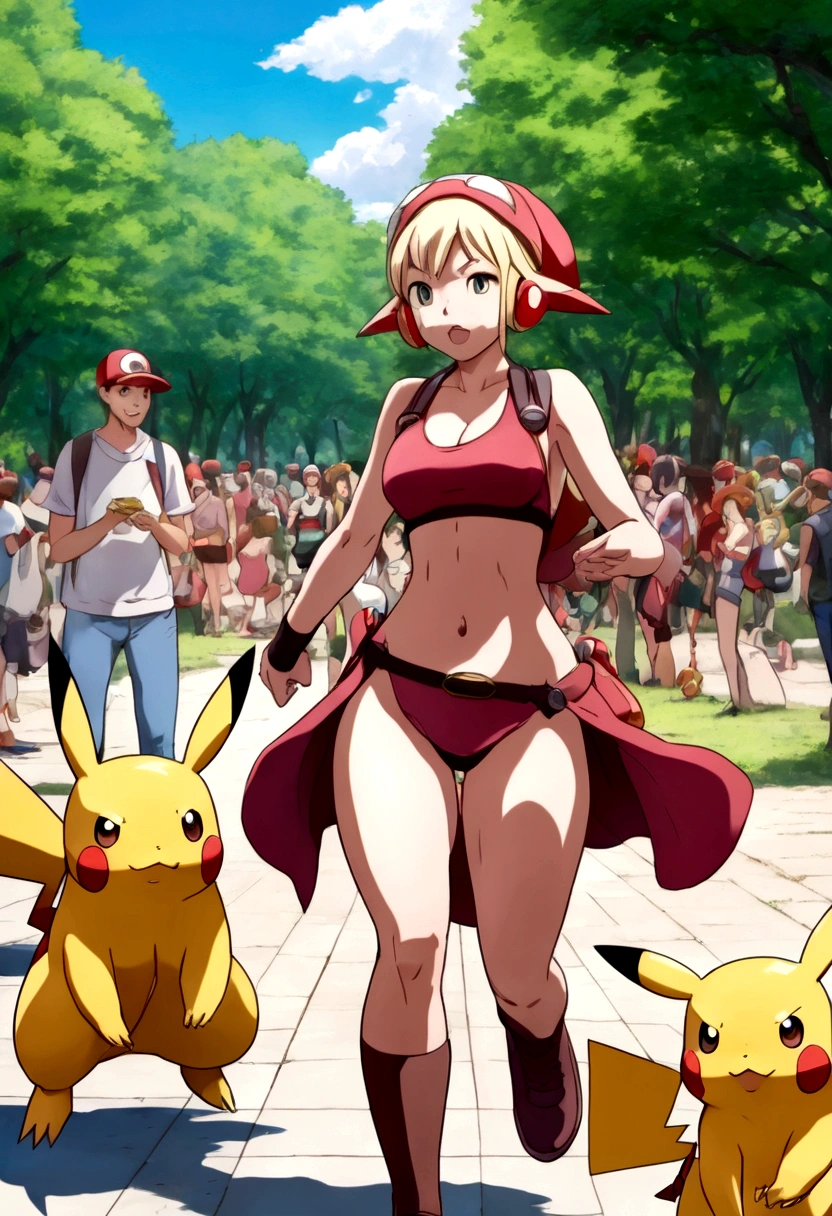 A determined cute woman pokemon trainer, tosses out her pokeball summoning a confused naked woman in pokemon boots and ears, crowded park in daytime