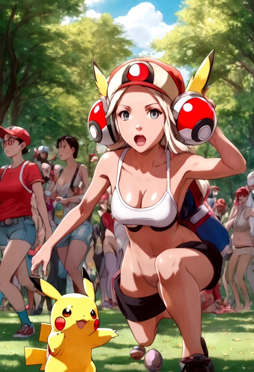 A determined cute woman pokemon trainer, tosses out her pokeball summoning a confused naked woman in pokemon boots and ears, crowded park in daytime