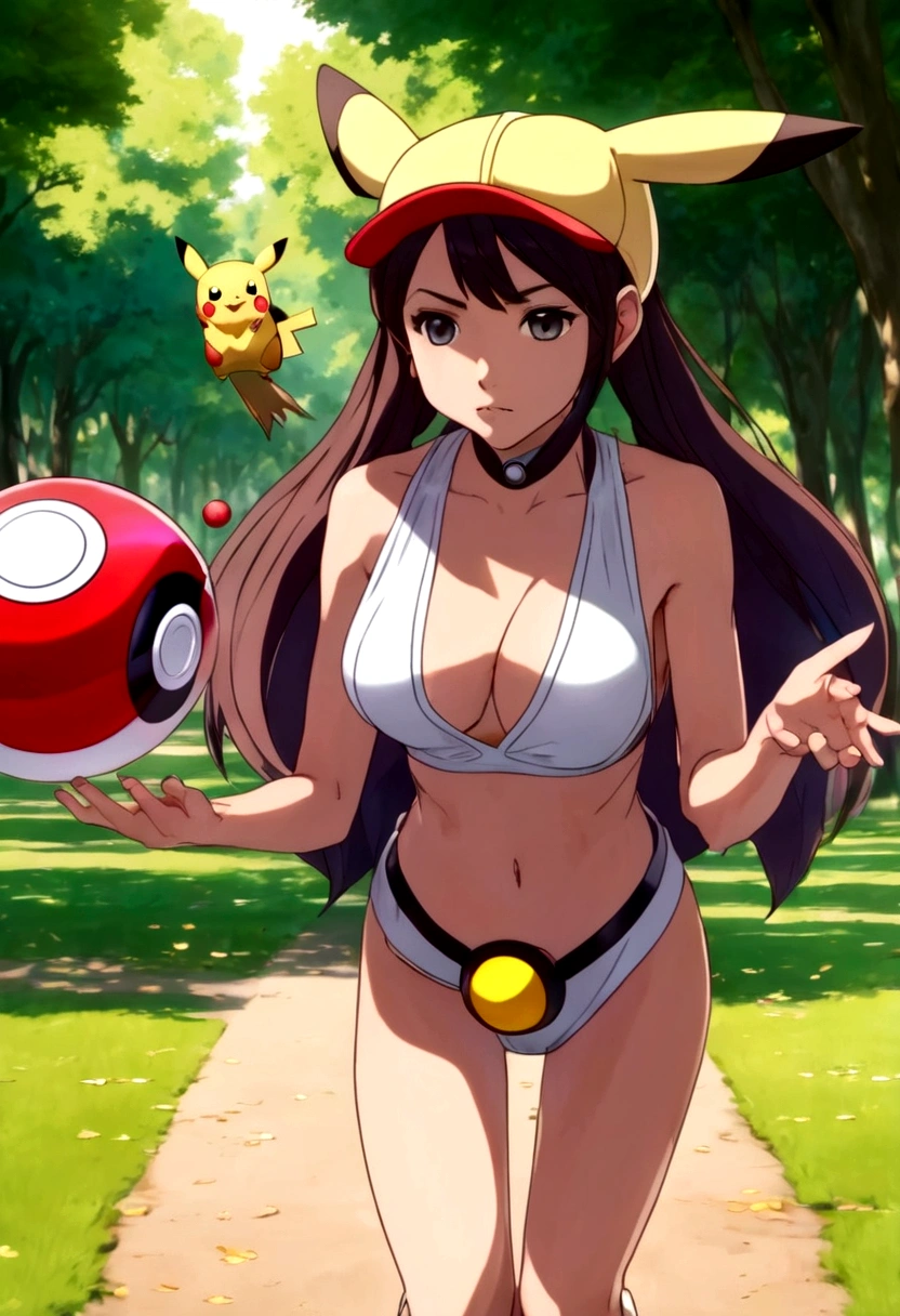 A determined cute woman pokemon trainer, tosses out her pokeball summoning a confused naked woman in pokemon boots and ears, crowded park in daytime