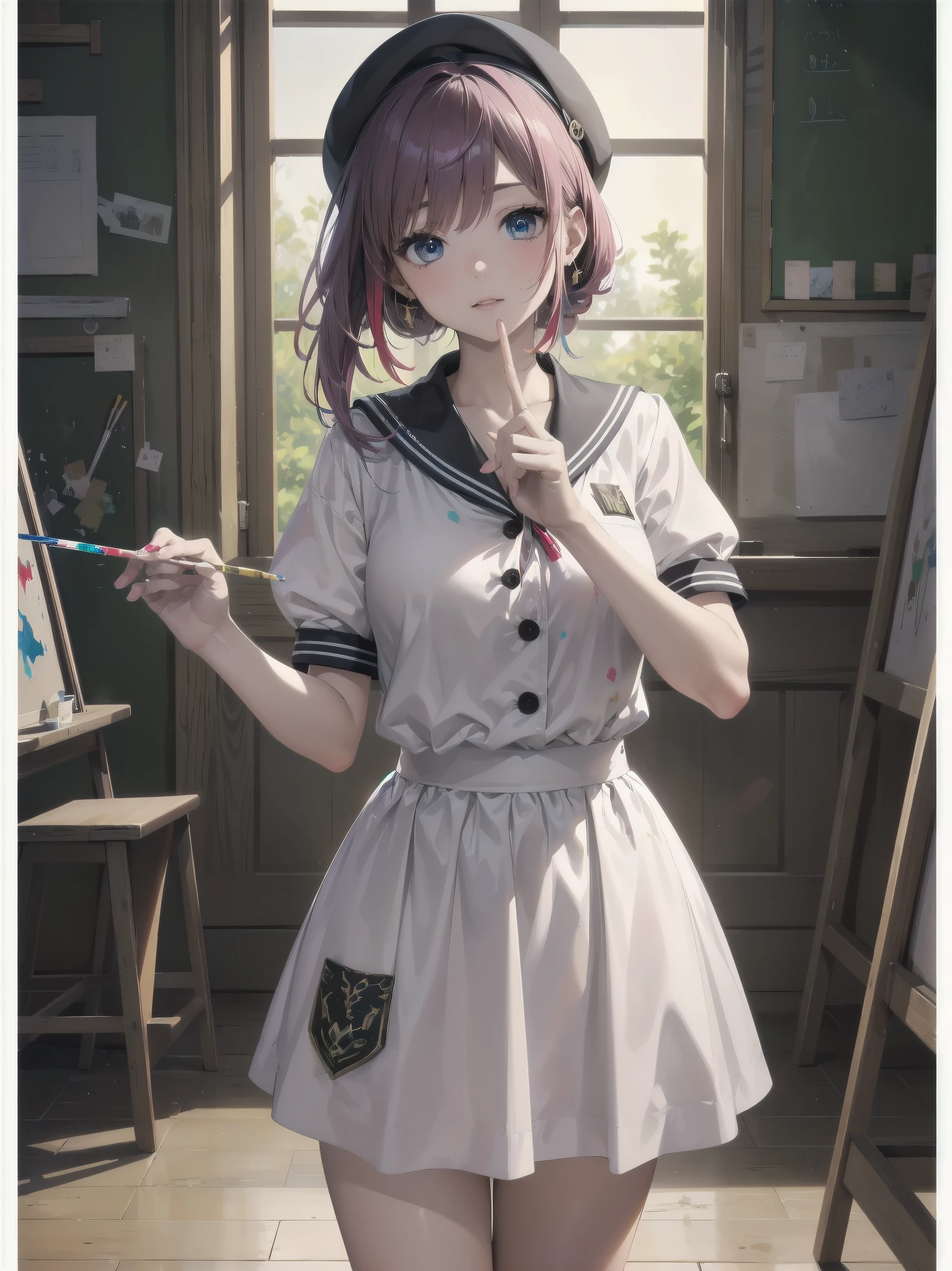 (Masterpiece: 1.2), (Best quality: 1.2), Superb resolution, Very detailed. BREAK. ((Anime girl in artistic school uniform)), clear girl, (1, Creative, 16 years old: 1.3), dreamy expression, artistic pose, multicolored hair, unique eyes, slender figure, (Top quality: 1.2), very high resolution, very detailed. Expressive eyes, beautifully detailed lips, high resolution detailed hair, perfect face, smooth skin, paint-stained fingers, perfect lighting. BREAK. ((Artistic uniform with paint splatter design)), ((White smock, colorful paint-splattered skirt: 1.3)), palette-shaped buttons, beret. BREAK. (Art classroom), easels, paintings, art supplies, large windows, (cowboy shot view: 1.2). BREAK. ((Positive: 1.3)). BREAK. Digital animation art, artistic anime style illustration