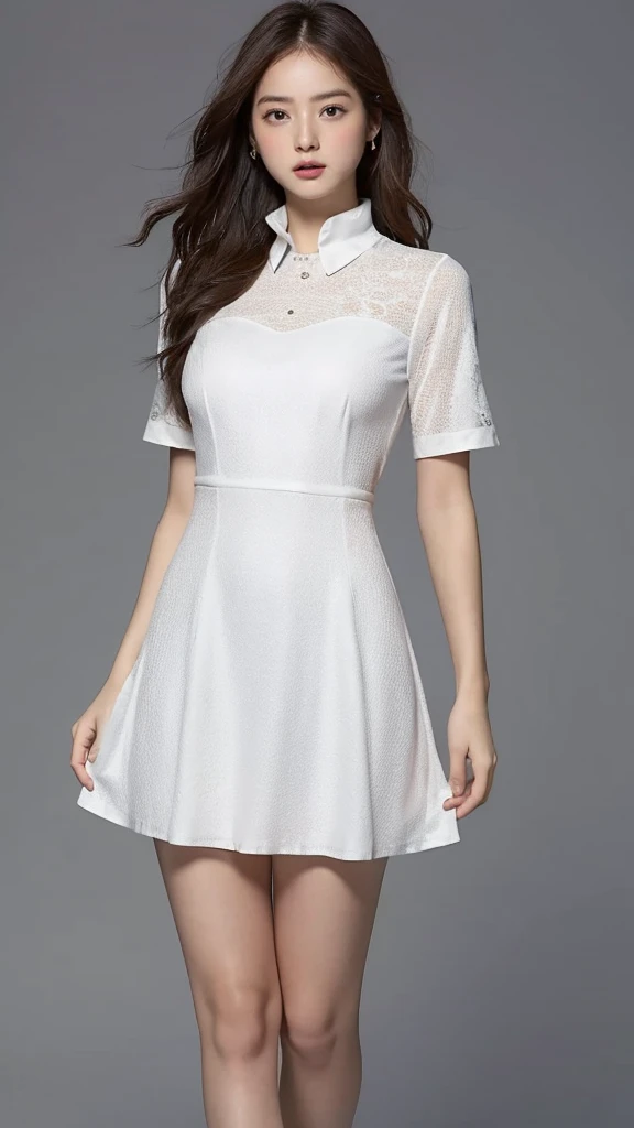 Highest quality,masterpiece,Ultra-high resolution,(Actual:1.4),Original photo,Ultra-high resolution,8K,There are also women,Fair skin、white short sleeve dress ,
Long legs:1.5,Bright and beautiful,high waist,Flashy makeup,Gray background,