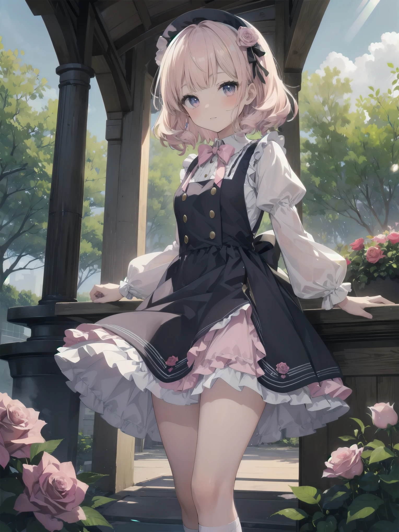 (Masterpiece: 1.2), (Best quality: 1.2), Superb resolution, Very detailed. BREAK. ((Anime girl in sweet lolita-inspired uniform)), clear girl, (1, Shy, 15 years old: 1.3), soft smile, demure pose, curly pastel hair, doe eyes, figure, (Top quality: 1.2), very high resolution, very detailed. Expressive eyes, beautifully detailed lips, high resolution detailed hair, perfect face, porcelain skin, delicate hands, perfect lighting. BREAK. ((Frilly lolita-style uniform with lace details)), ((Pink blouse with puff sleeves, white pinafore, rose patterns: 1.3)), knee-high socks with bows, platform shoes. BREAK. (School garden), flower beds, gazebo, fountain, soft sunlight, (cowboy shot composition: 1.2). BREAK. ((Positive: 1.3)). BREAK. Digital animation art, sweet lolita anime style illustration