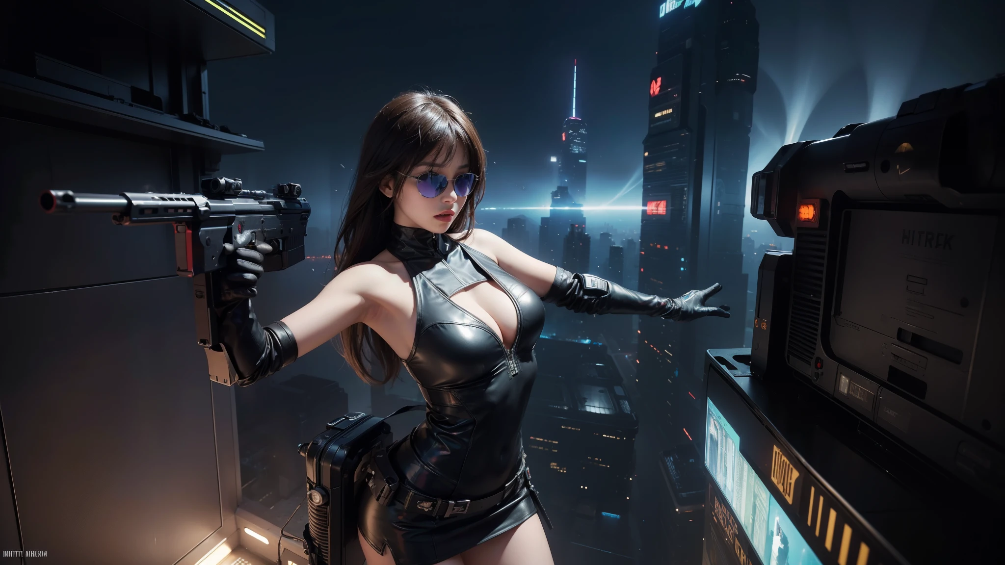 At night, aerial view of futuristic sci-fi cyberpunk city, skyscrapers, (flying cars), (vortex glowing hologram giant clock tower as time machine), high quality. (1girl, solo), photo realistic, large-breast:1.2 slim body, cleavage:1.3, tube top, short miniskirt, black sunglasses, aiming at viewer with a (mini rifle):0.3, dynamic pose, half-body thigh level medium shot, cinematic lighting.