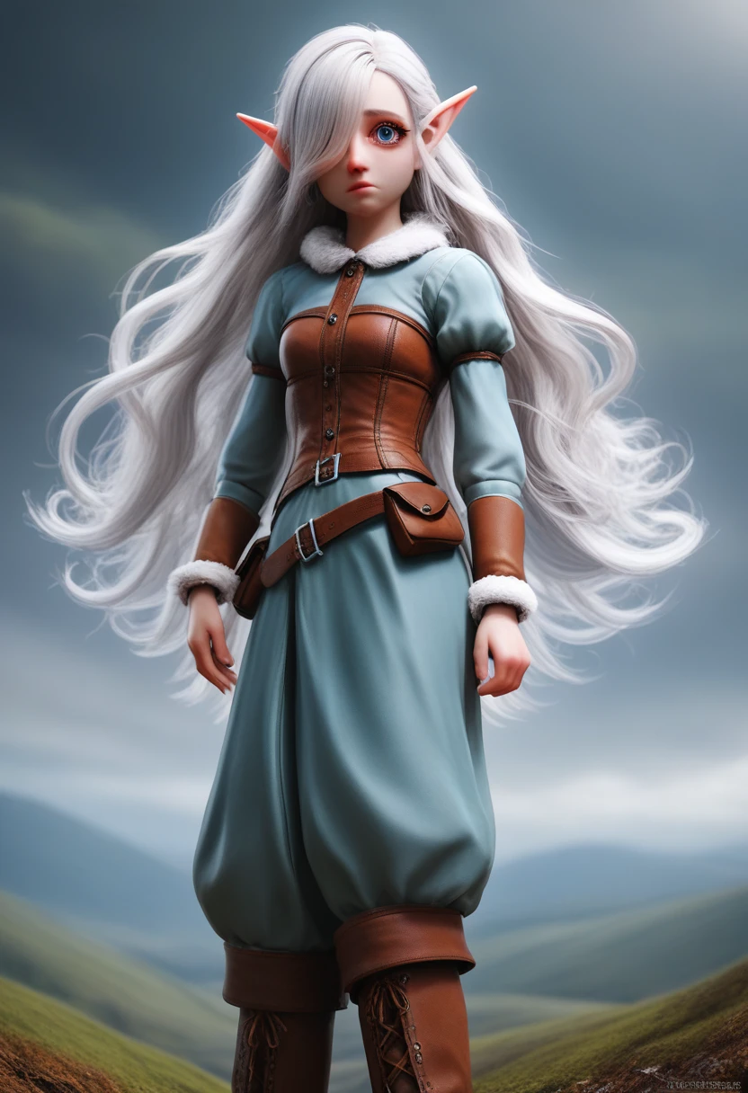 a small gnome girl with pale skin, very long wavy silver hair covering one eye, bright blue anime-style eyes with long lashes, wearing a corset, white puffy long sleeved shirt, and puffy cloth pants, leather bound boots, set in a windy fantasy landscape, (best quality, 4k, 8k, highres, masterpiece :1.2),ultra-detailed,dungeons and dragons, long elf ears, detailed skin and cloth textures, cute detailed face, intricate details, extremely detailed, 1girl, dynamic pose with hair covering one eye, shy personality, puffy cloth pants with leather belt, detailed privateer outfit, detailed buccaneer outfit, pouch on belt, wearing ornate leather armor with fur trim, silver inlay detail, wearing fur trimmed boots, wearing fur trimmed gloves, short, short height, halfing girl, small girl, very long detailed flowing hair, big head, big round eyes, windy, wind blown hair,bwirey muscles, fighter, dynamic angle, kineticist, pathfinder, pathfinder kineticist, wind kineticist, pouty lips