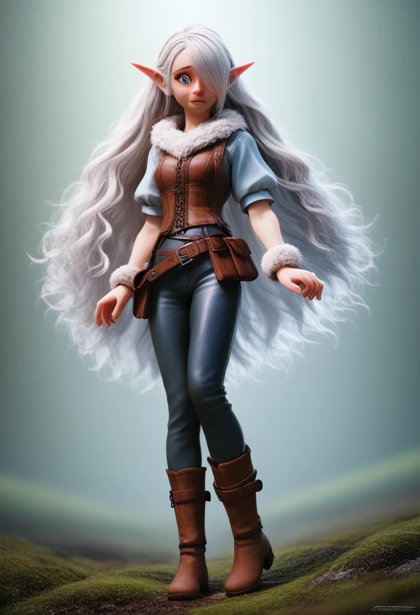 a small gnome girl with pale skin, very long wavy silver hair covering one eye, bright blue anime-style eyes with long lashes, wearing a corset, white puffy long sleeved shirt, and puffy cloth pants, leather bound boots, set in a windy fantasy landscape, (best quality, 4k, 8k, highres, masterpiece :1.2),ultra-detailed,dungeons and dragons, long elf ears, detailed skin and cloth textures, cute detailed face, intricate details, extremely detailed, 1girl, dynamic pose with hair covering one eye, shy personality, puffy cloth pants with leather belt, detailed privateer outfit, detailed buccaneer outfit, pouch on belt, wearing ornate leather armor with fur trim, silver inlay detail, wearing fur trimmed boots, wearing fur trimmed gloves, short, short height, halfing girl, small girl, very long detailed flowing hair, big head, big round eyes, windy, wind blown hair,bwirey muscles, fighter, dynamic angle, kineticist, pathfinder, pathfinder kineticist, wind kineticist, pouty lips