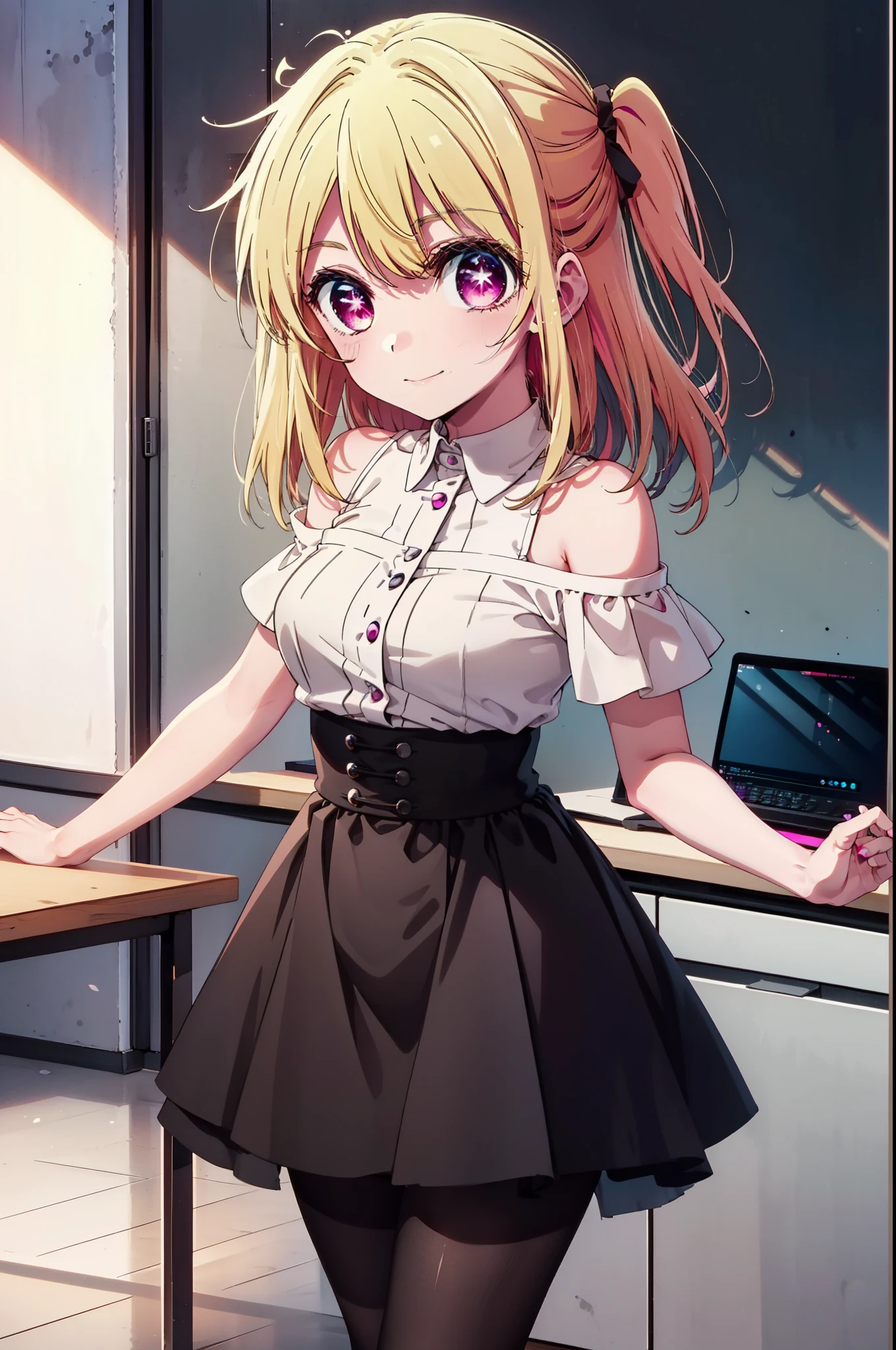 rubyhoshino, Hoshino Ruby, Long Hair, bangs, Blonde, (Pink Eyes:1.3), (Symbol-shaped pupil:1.5), Multicolored Hair, Two-tone hair, happy smile, smile, Close your mouth,
break, Cold Shoulder Shirt,Short sleeve,Long skirt,Black pantyhose,Stiletto heels,There is a computer on the table,Chair,Are standing,interior,whole bodyがイラストに入るように,Daytime,Clear skies,
break indoors, office,
break looking at viewer, whole body,
break (masterpiece:1.2), Highest quality, High resolution, unity 8k wallpaper, (figure:0.8), (Beautiful attention to detail:1.6), Highly detailed face, Perfect lighting, Highly detailed CG, (Perfect hands, Perfect Anatomy),