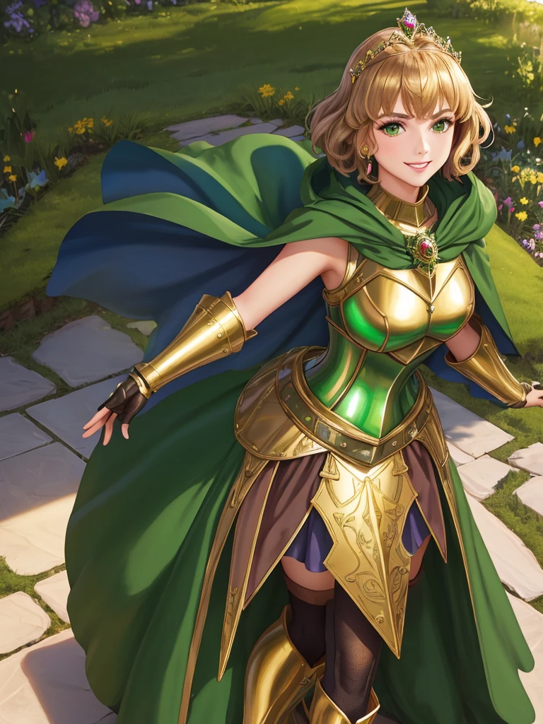 masterpiece, best quality:1.2), 1girl, smile, looking at viewer, green eyes, short brown hair, princess, armor, , pauldrons, armored dress, green cloak cape, wearing puffy blue ballgown skirt, golden tiara with green gem, armored boots, fingerless gloves, standing in medieval garden