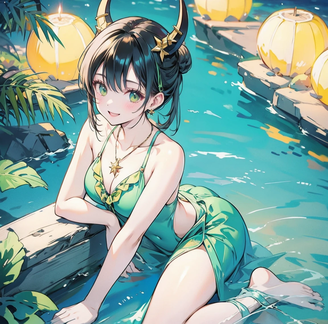 One woman、Gorgeous green swimsuit、,race,Black Hair、Short bun hair、hair ornaments、necklace、back、Golden devil horns、Anatomically correct,、Night beach、smile、Night Pool