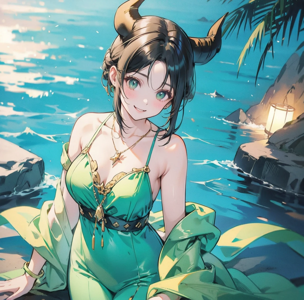One woman、Gorgeous green swimsuit、,race,Black Hair、Short bun hair、hair ornaments、necklace、back、Golden devil horns、Anatomically correct,、Night beach、smile、Night Pool
