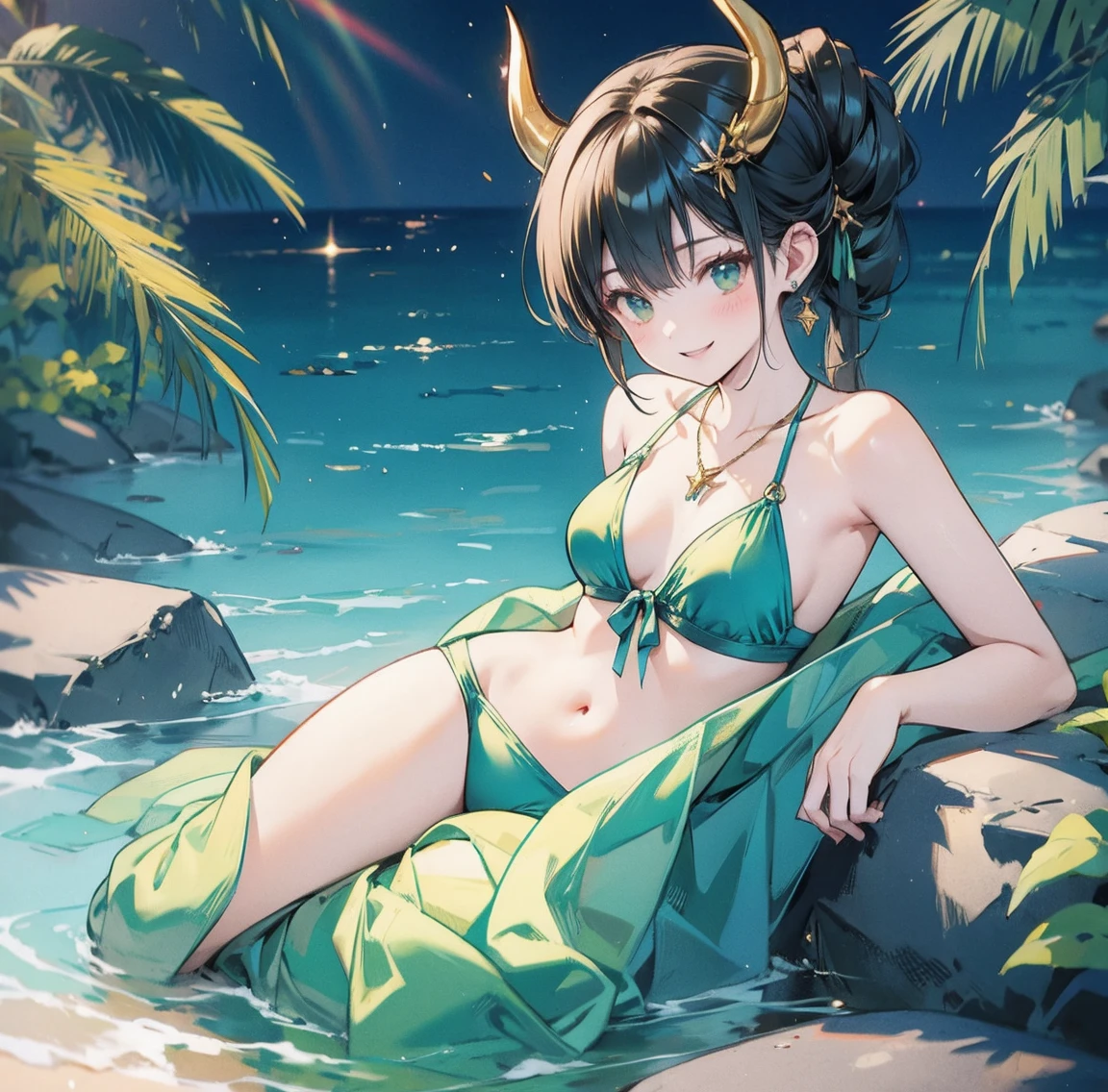 One woman、Gorgeous green swimsuit、,race,Black Hair、Short bun hair、hair ornaments、necklace、back、Golden devil horns、Anatomically correct,、Night beach、smile、Night Pool