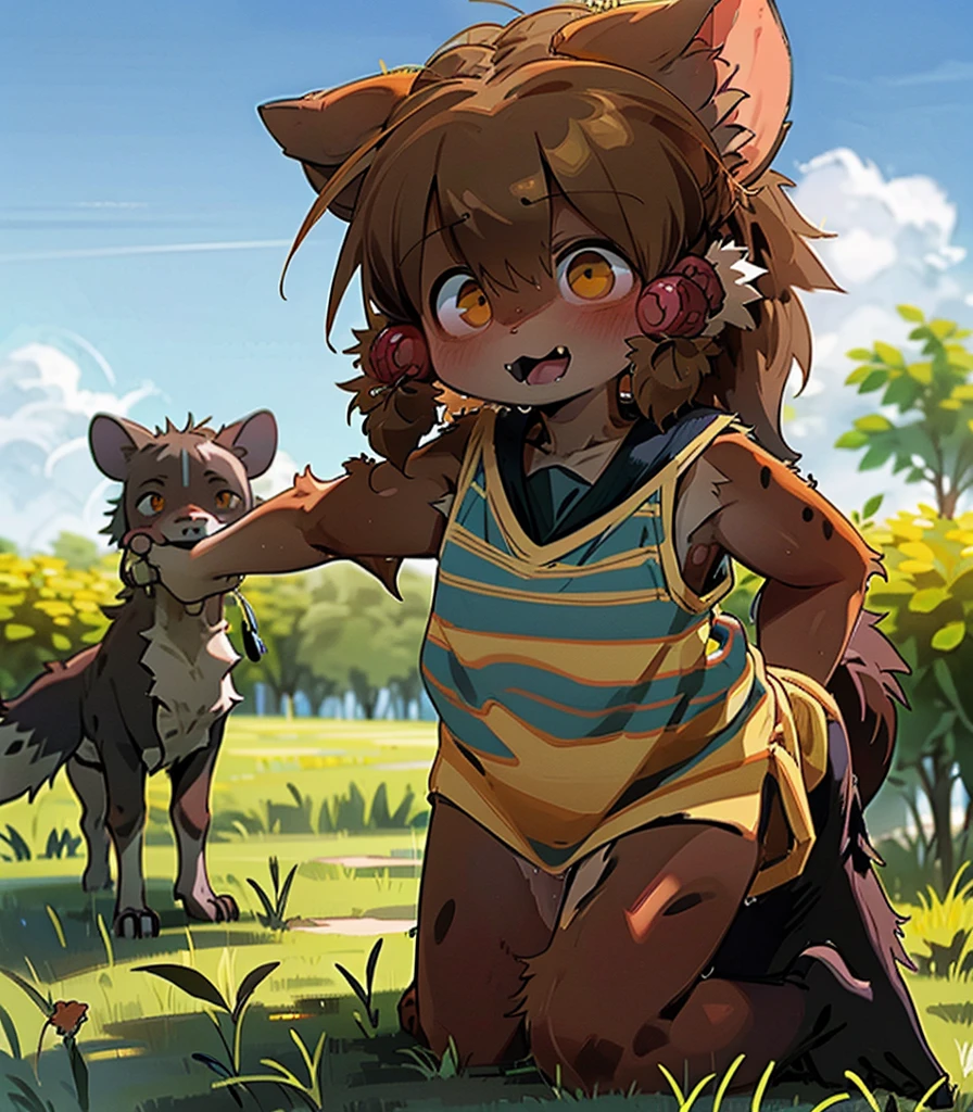 (hyena_girl: 1.3), (realistic: 1.2), (detailed_fur: 1.2), (animal_ears: 1.2), (hyena_ears: 1.3), (hyena_tail: 1.3), (spotted_fur: 1.2), (sharp_teeth: 1.2), (fang: 1.2), (elementary_school_student: 1.1), (school_uniform: 1.1), (short_hair: 1.1), (brown_hair: 1.1), (brown_eyes: 1.1), (cute: 1.1), (cheerful: 1.1), (1girl: 1.2), solo, full_body, standing, on_all_fours, running, playing, outdoors, savanna, grass, trees, sunny_day, blue_sky, natural_lighting, wildlife, high_quality, best_quality, photorealistic, detailed