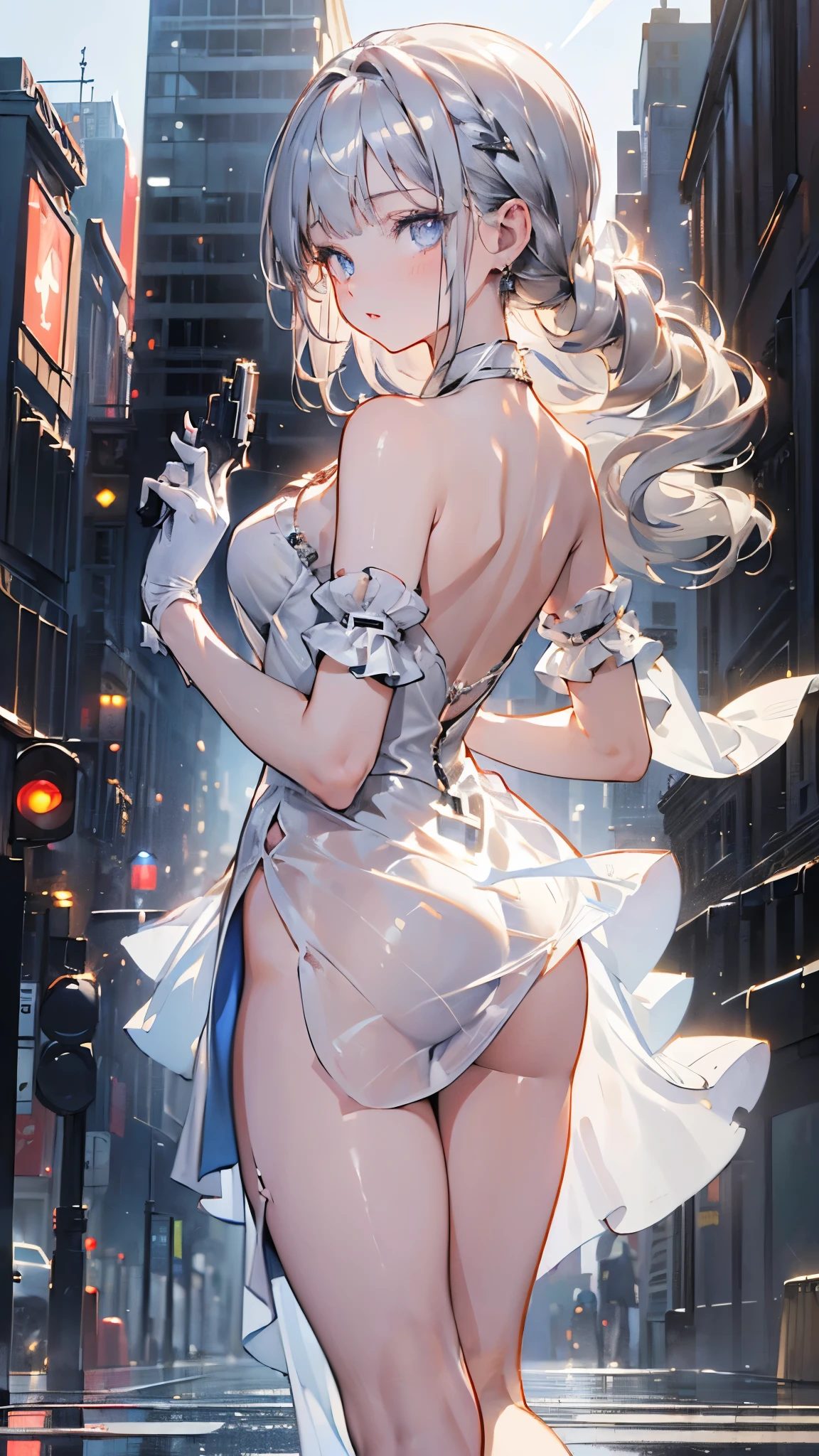 (masterpiece:1.5),ultra-detailed, 8K, High resolution, best quality, (depth of field:1.4), (parfect anatomy:1.2), (1girl), (solo), (from diagonal front), looking at viewer, (full body), (delicate beauty and cute girl), (16years_old girl), (silver hair), (extreme long hair), (blue eyes), (fine detailed eyes), 
(small bast), (bangs), (french braid), (slender), parted lips,collarbone, creavege, navel, 
(white swimsuit), (gloss swimsuit), (onepiece swimsuit:1.5),(sheer_fashion:1.6), outdoor, horizont, sea background, at beach, (magic hour:1.2), solar, ripple, (partially submerged), (sitting on the edge of the water), (wariza:1.5), (lens flare:1.2), (front light), (back light),
(beautiful reflection:1.3),
(Prismatic light:1.2),
(sparkling light:1.4),
(beautiful light:1.2),
(fantastical light:1.3),
(prismatic reflection:1.4),
(soft reflection:0.8),
(natural reflection:1.2),
(sense of depth:1.4),