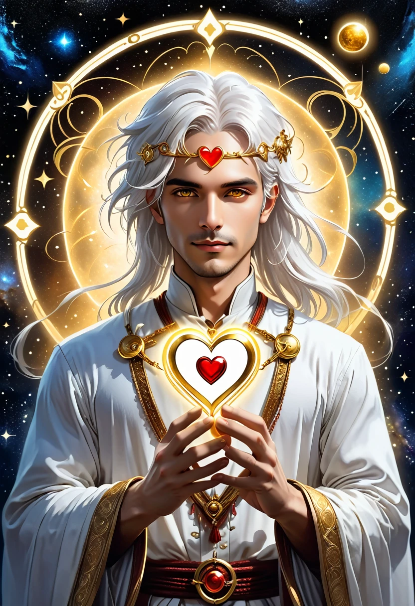 Magician, baron, High target,, White skin, White hair, Golden Eyes, , Holding a love heart in hand Style-GravityMagic, Solitary, Upper Body, Looking at the audience, Detailed background, Delicate face, (Bohemian, Bohemian theme:1.1) (Glowing eyes:1.05), Live constellation, Zodiac signs, Horoscope, Peace of mind, calm, Gemini, symbolic meaning, Astral Energy, Bright white light, Space Light, bloom, metaphysics, Implications, Stardust, Backlight, Universe space background, Ethereal atmosphere,