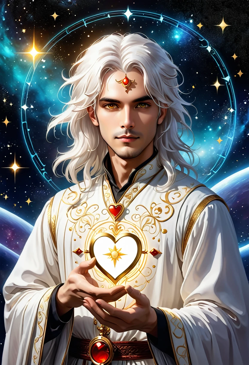 Magician, baron, High target,, White skin, White hair, Golden Eyes, , Holding a love heart in hand Style-GravityMagic, Solitary, Upper Body, Looking at the audience, Detailed background, Delicate face, (Bohemian, Bohemian theme:1.1) (Glowing eyes:1.05), Live constellation, Zodiac signs, Horoscope, Peace of mind, calm, Gemini, symbolic meaning, Astral Energy, Bright white light, Space Light, bloom, metaphysics, Implications, Stardust, Backlight, Universe space background, Ethereal atmosphere,
