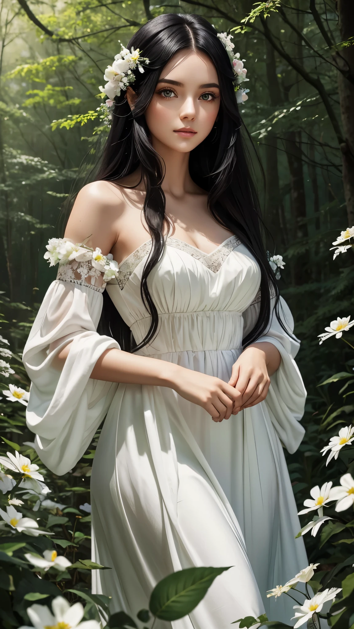 Beautiful black-haired girl with green eyes and long hair in elegant white dress in a beautiful forest full of flowers photo shoot