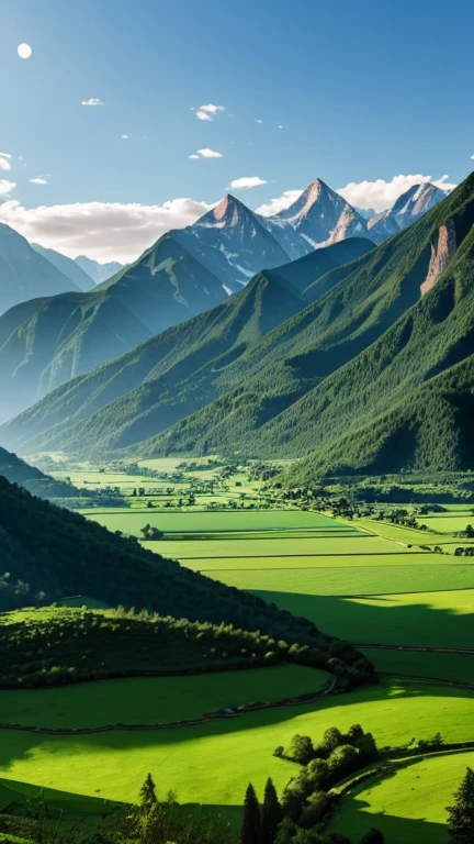 a green valley with imposing mountains around