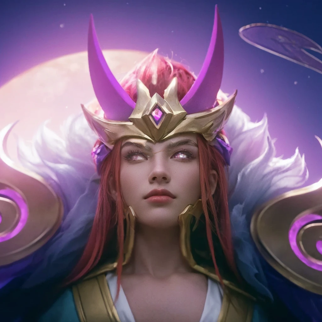 a close up of a man with a crown on his head, god of the moon, red hair, charismatic, power stance, male god, handsome, ethereal, celestial, glowing moon in the background, dark night sky, stars, crescent moon, detailed lighting, dramatic chiaroscuro, cinematic, fantasy, digital art, 8k, hyper detailed, masterpiece, photorealistic