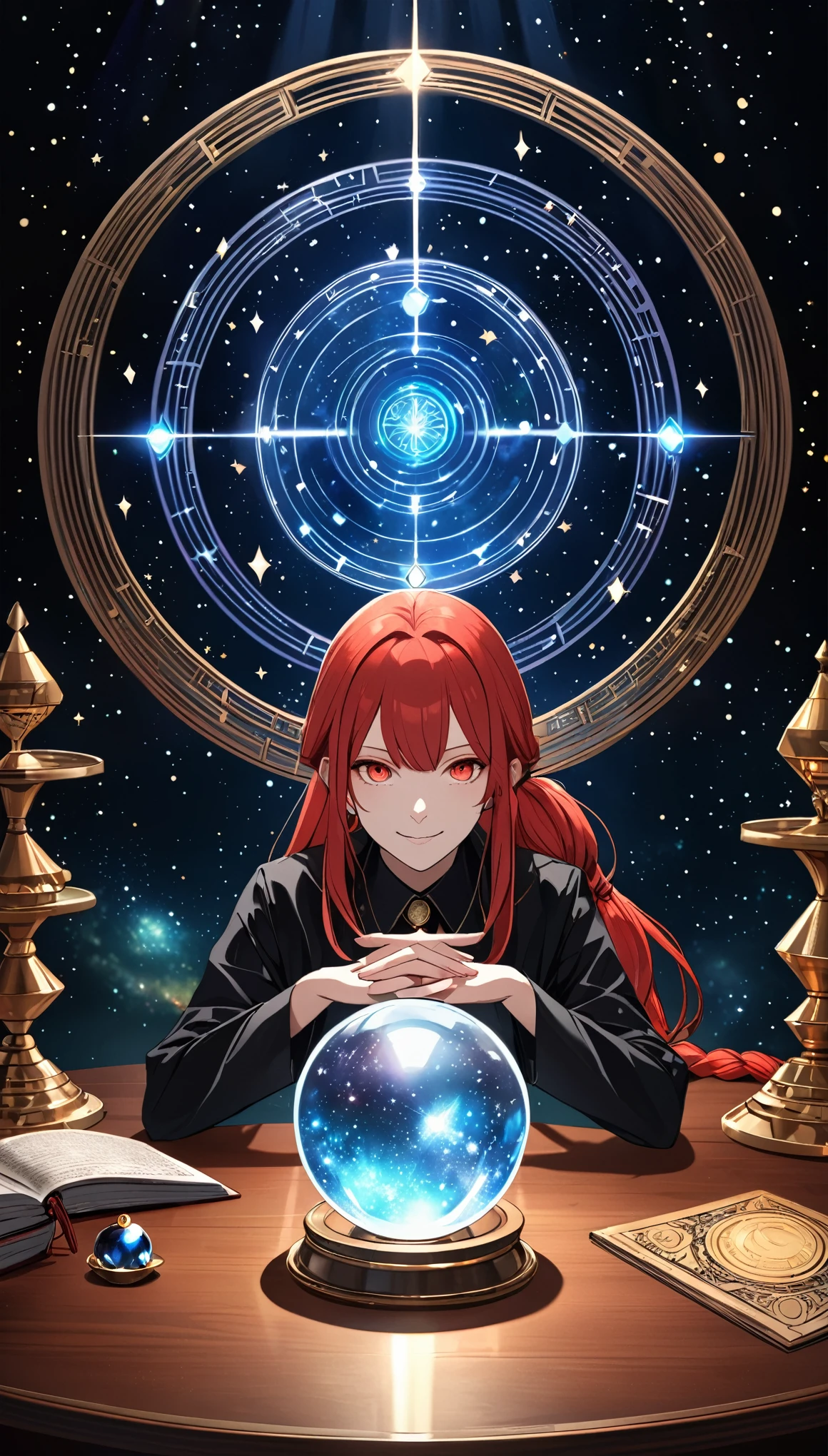in style of Georg Jensen, Halo,1 girl,Astrologer, Makima(Chainsaw Man), red long hair, Black magic suit, Magic Shirt, Magic tie, Red pupil, (((Low Braided Ponytail))), Mysterious smile, gesture, From the Galaxy, Wooden square table, Claw lifting base, (Crystal ball from the galaxy), black background, Point lights, Mysterious atmosphere, F, Surrealismwide angle,