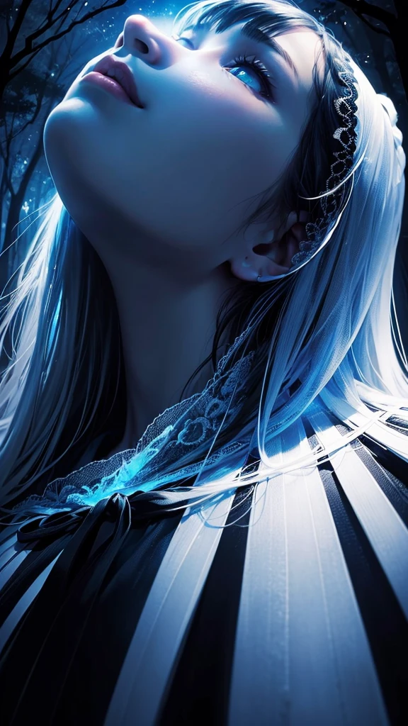 ((masterpiece)),((Highest quality)),((Lots of details)),((Realistic feel)), ((look up:1.6)), Pitch Black, night, Deep in the forest, Moonlight shines, Cool blue shade, Silhouette of a girl wearing a white owl, The sky is high, Dim and dim, High Contrast