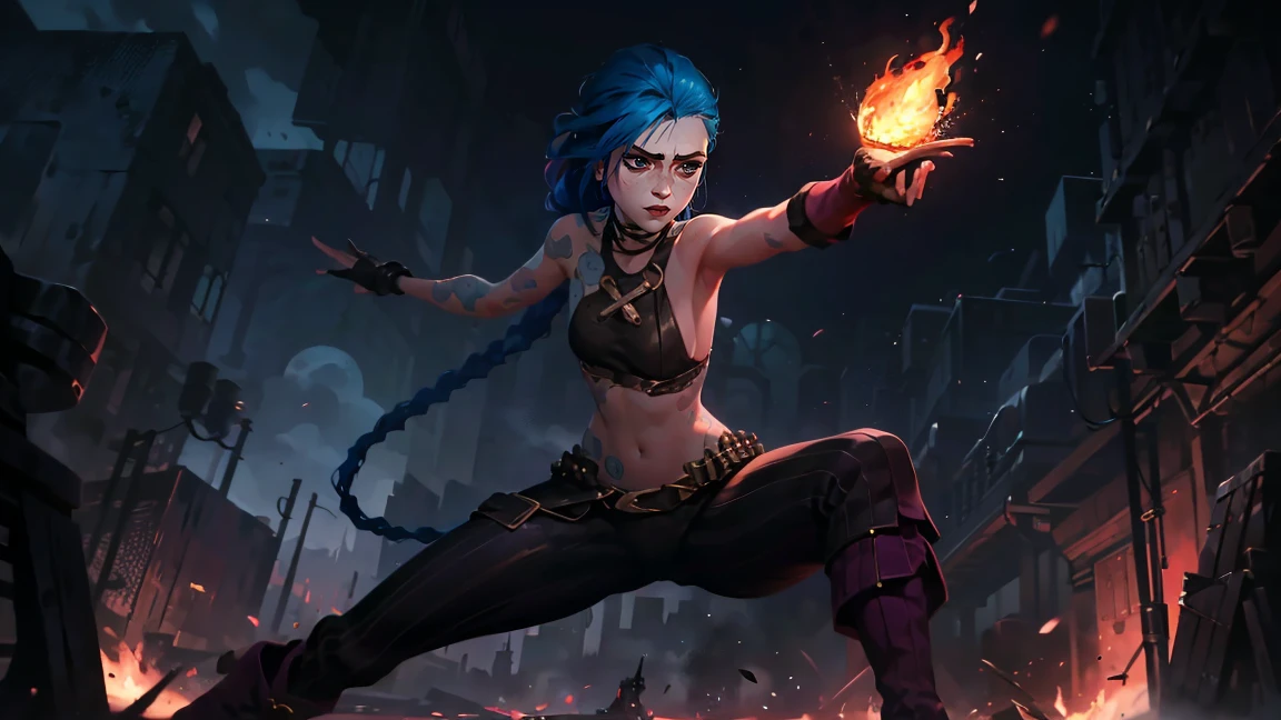 (masterpiece, Best quality), 1 girl, portrait, very sexy, crazy look, smile, crying, pink tears, tears on the cheeks, tears from eyes, full length (full body 1.1.), очень feminine, fighting stance, battle, fire, explosions, burning city, Beautiful waist, gloomy composition, flame, fire, Flash, very beautiful, feminine, long hair, hair braided in long braids, very sexy, tight leather pants, emphasis on the eyes, emphasis on the face, Beautiful face, Hands, Hair, Haired ponytail, red purple eyes, Джинкс crying, Blue cloud tattoo, (masterpiece, Best quality), Side lighting, beautiful detailed eyes, crazy face), (Best quality), (masterpiece), magic photography, Spectacular lighting, Photorealism, ultra detailed, интимная portraitная композиция, 1. 4,8 k UHD, aesthetic, Cd., A high resolution, 8 k, better lighting, Best shade, Ultra-HD, A high resolution, sharp focus, Complex background, Cinematic lighting, ((Landscape view)), 4K block, (better lighting), ((Cinematic lighting)),