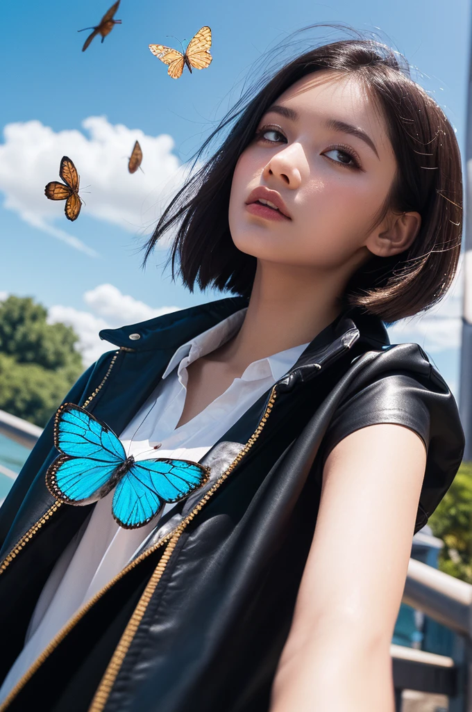 City of night,rain,Black coat,Put your hands in your pockets,(student, 18-year-old,beauty, Her short silver hair sways, Space-colored eyes, Pale skin, Tired face、Lack of eye sparkle\) Look up at the sky, (Many bright blue butterflies flying in the sky), (Shine in the sky), Beautiful starry sky,There are puddles on the ground、The scenery is beautiful., 広いLook up at the sky, Colorful summer flowers are blooming everywhere, I see the wind blowing and shining,The river is flowing,From below, break ,Highest quality\(8K,非常に精細なCGユニットのwallpaper, masterpiece,High resolution,Highest quality,Highest quality real texture skin,Surreal,Increase the resolution,RAW Photos,Highest quality,Very detailed,wallpaper,Cinema Lighting,Ray Tracing,Golden Ratio\),Have a long-term perspective,Anatomically correct.