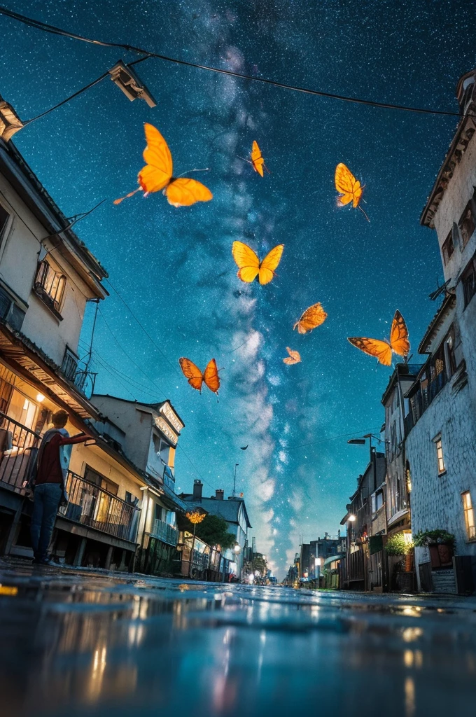 City of night,rain,Black coat,Put your hands in your pockets,(student, 18-year-old,beauty, Her short silver hair sways, Space-colored eyes, Pale skin, Tired face、Lack of eye sparkle\) Look up at the sky, (Many bright blue butterflies flying in the sky), (Shine in the sky), Beautiful starry sky,There are puddles on the ground、The scenery is beautiful., 広いLook up at the sky, Colorful summer flowers are blooming everywhere, I see the wind blowing and shining,The river is flowing,From below, break ,Highest quality\(8K,非常に精細なCGユニットのwallpaper, masterpiece,High resolution,Highest quality,Highest quality real texture skin,Surreal,Increase the resolution,RAW Photos,Highest quality,Very detailed,wallpaper,Cinema Lighting,Ray Tracing,Golden Ratio\),Have a long-term perspective,Anatomically correct.